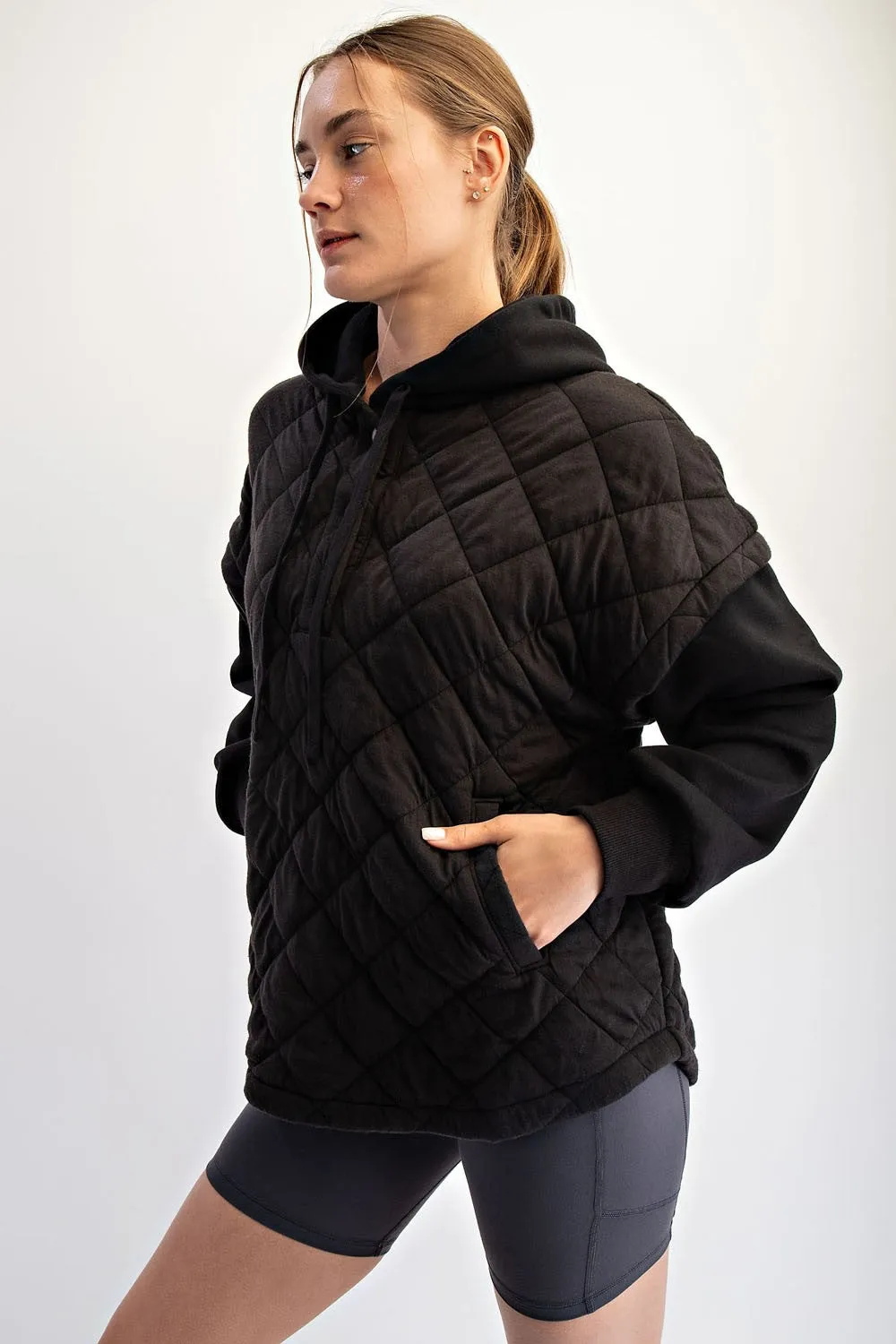 Black Quilted Contrast Button Hoodie sold by Pinkblush product image thumbnail 3