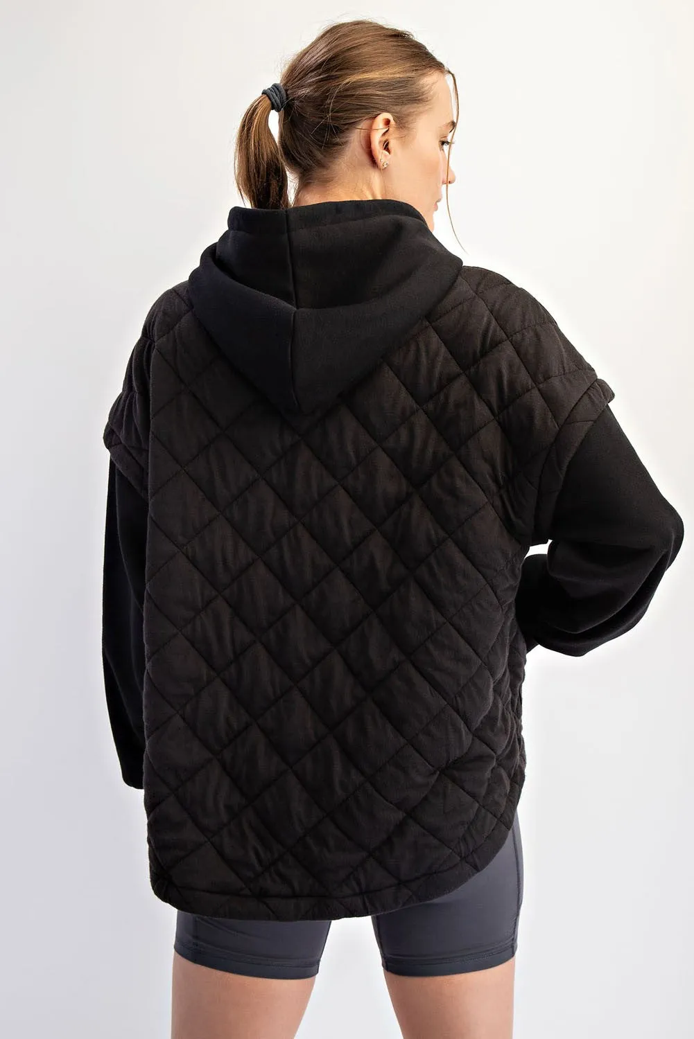 Black Quilted Contrast Button Hoodie sold by Pinkblush product image thumbnail 4