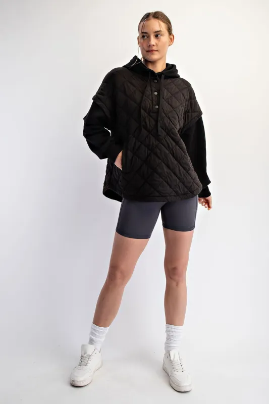 Black Quilted Contrast Button Hoodie sold by Pinkblush