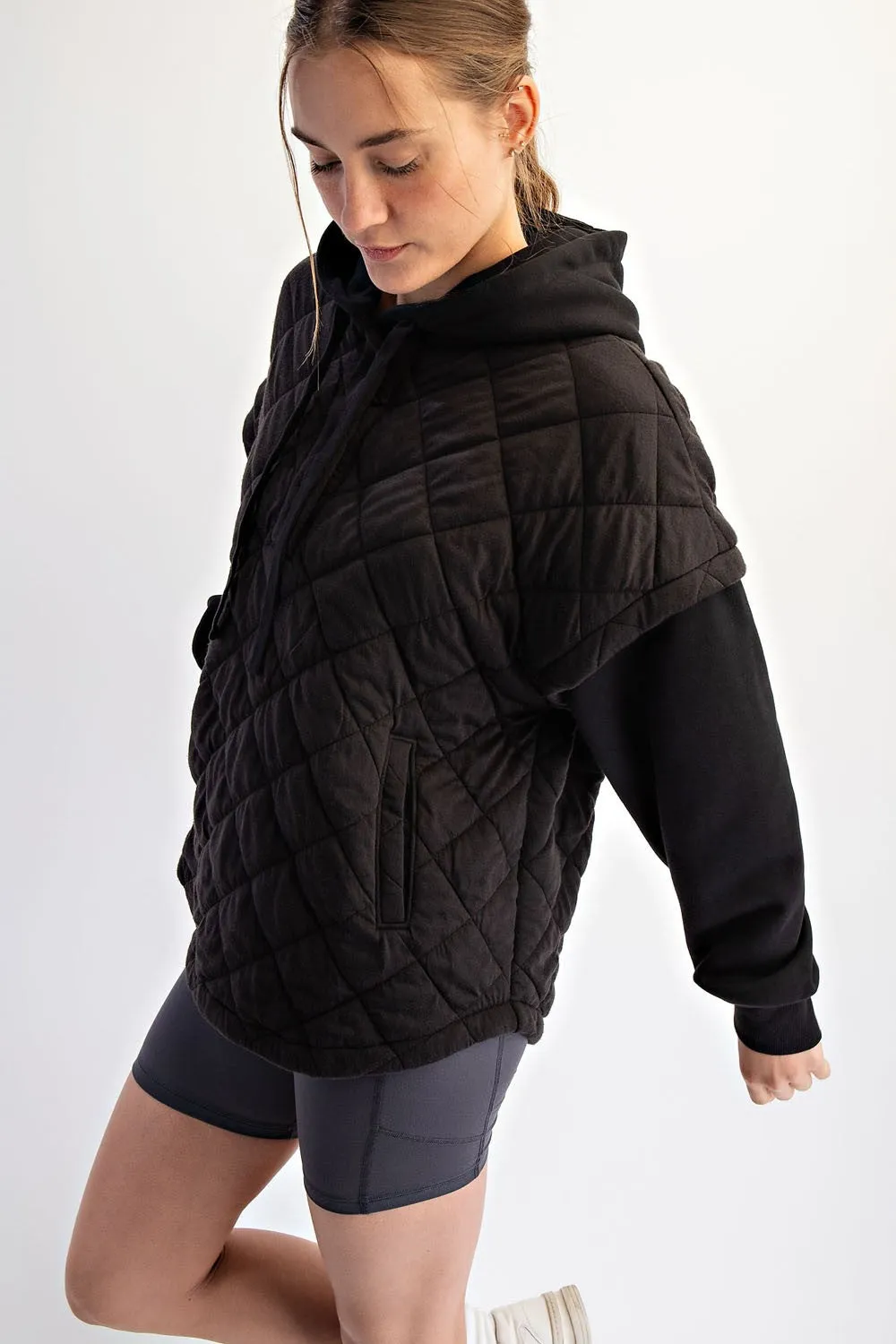 Black Quilted Contrast Button Hoodie sold by Pinkblush product image thumbnail 2