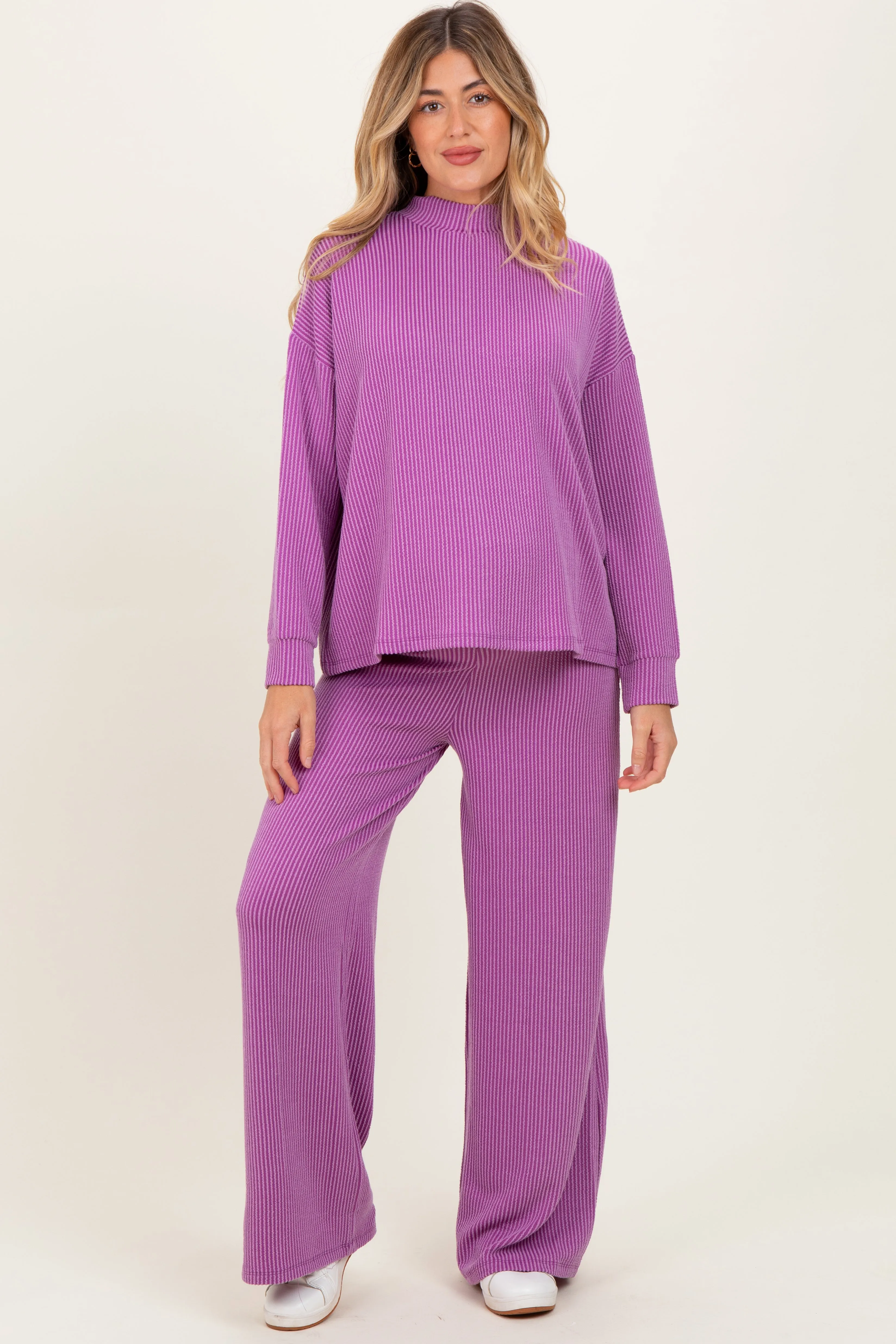Lavender Textured Rib Mock Neck Long Sleeve Pants Maternity Set sold by Pinkblush