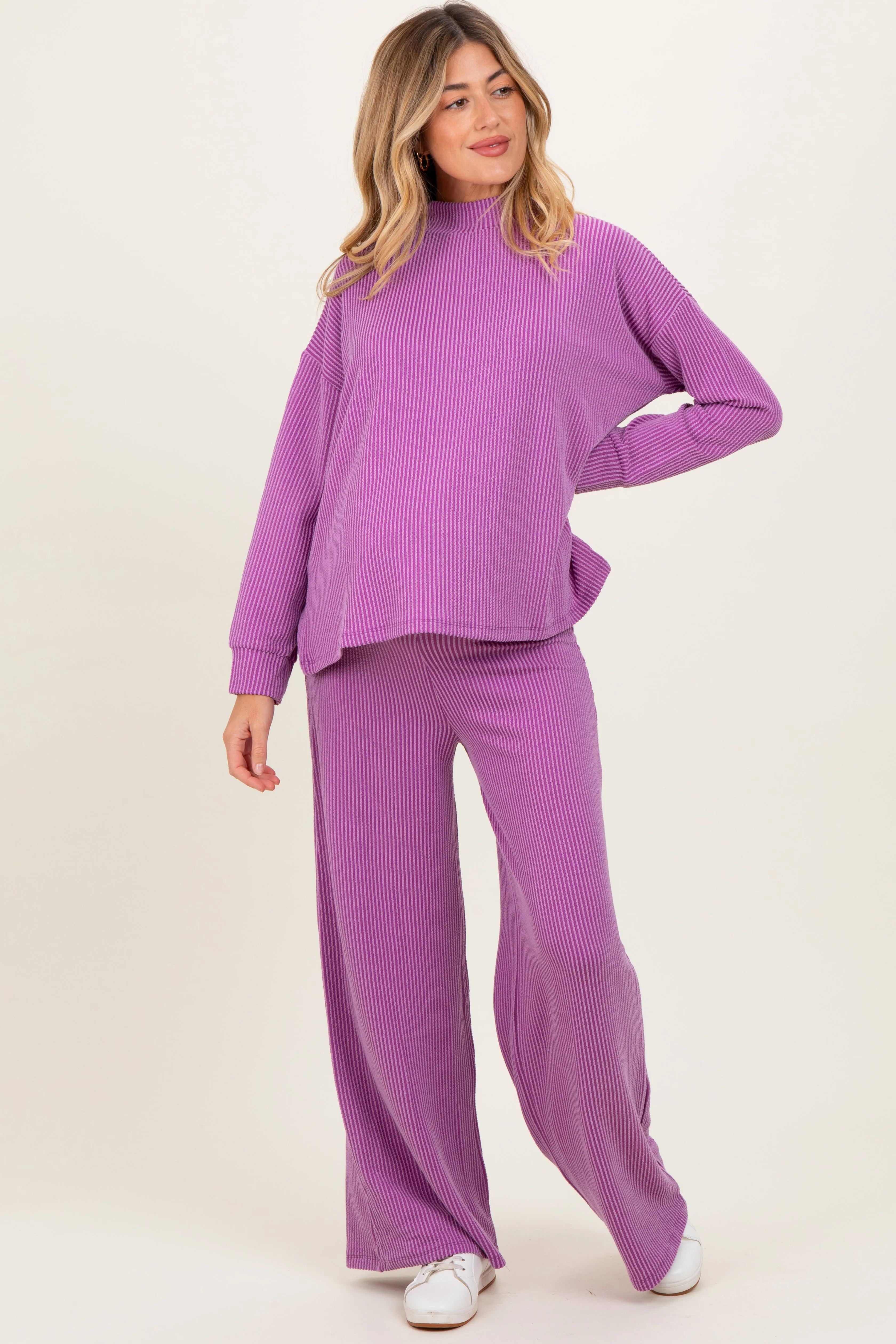 Lavender Textured Rib Mock Neck Long Sleeve Pants Maternity Set sold by Pinkblush product image thumbnail 2