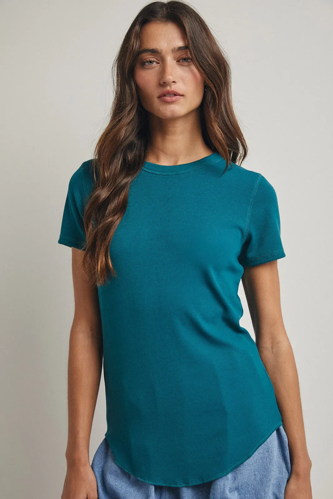 Teal Ribbed Short Sleeve Curved Hem Top sold by Pinkblush
