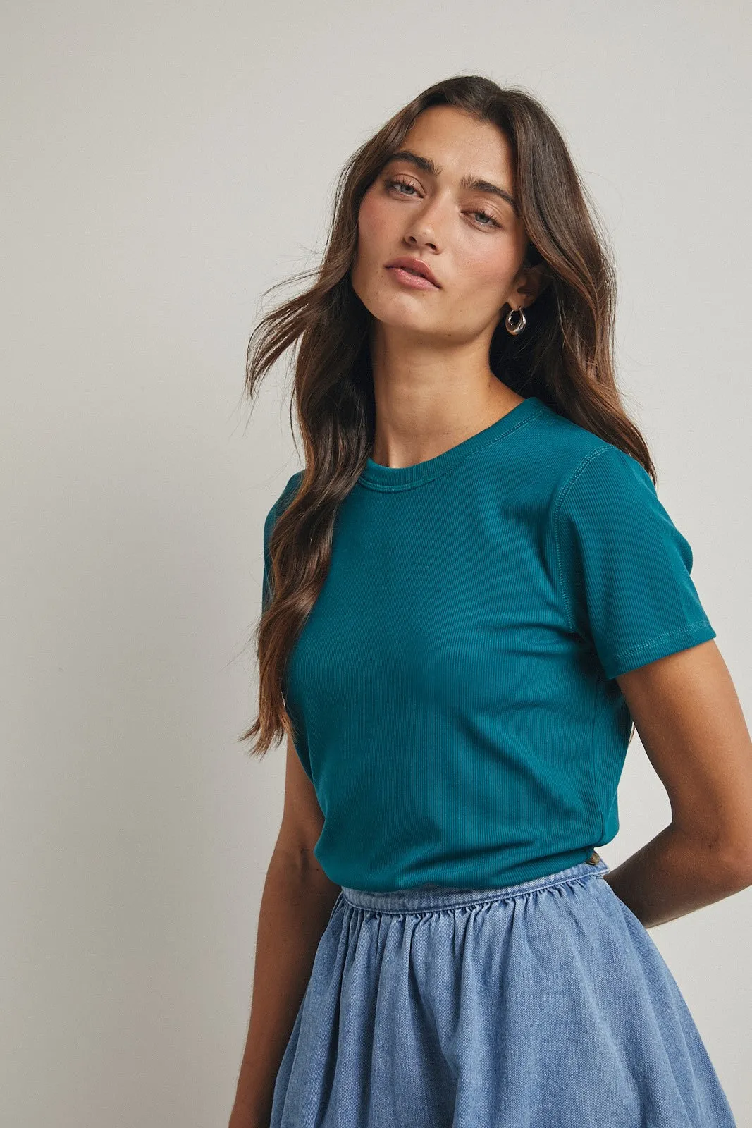 Teal Ribbed Short Sleeve Curved Hem Top sold by Pinkblush product image thumbnail 2