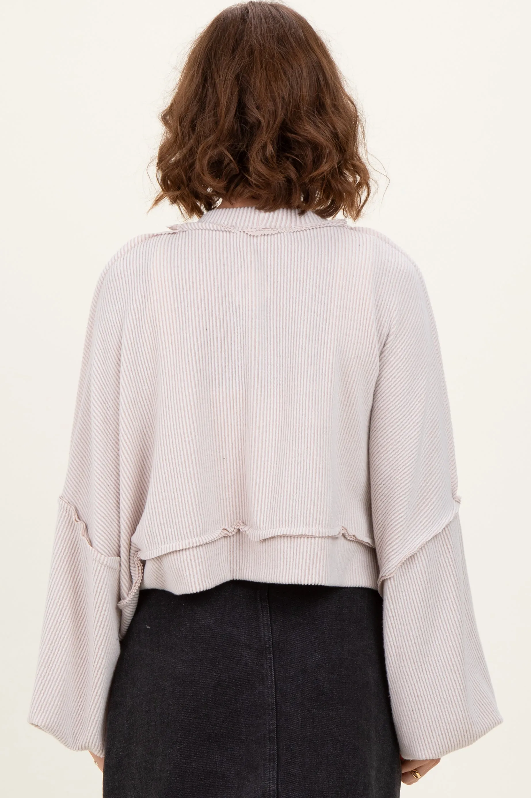 Beige Solid Ribbed Long Sleeve Cropped Cardigan sold by Pinkblush product image thumbnail 3