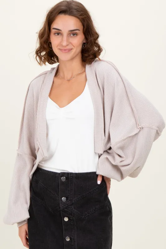Beige Solid Ribbed Long Sleeve Cropped Cardigan sold by Pinkblush