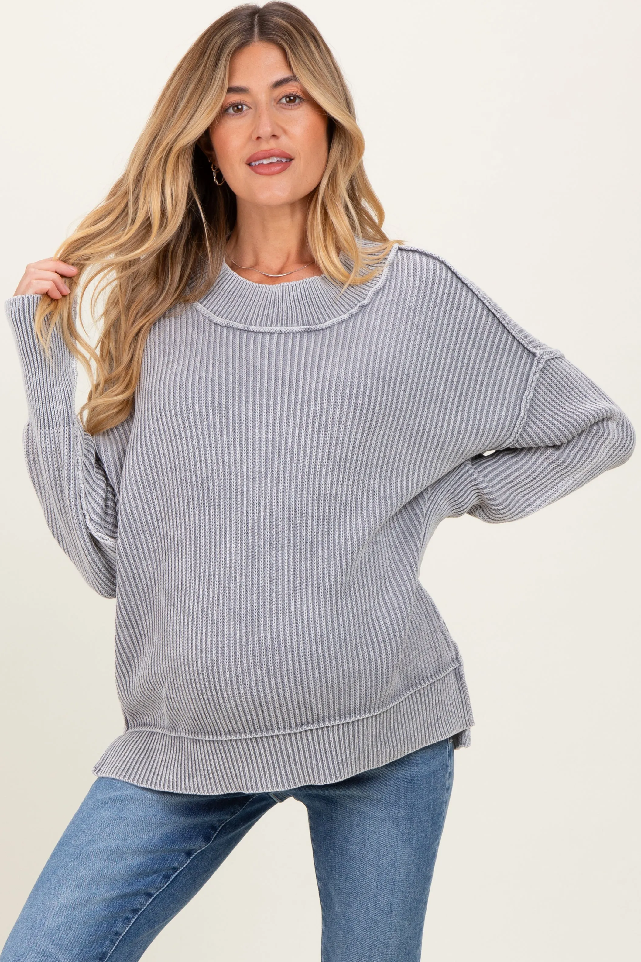 Grey Washed Side Slit Oversized Maternity Sweater sold by Pinkblush