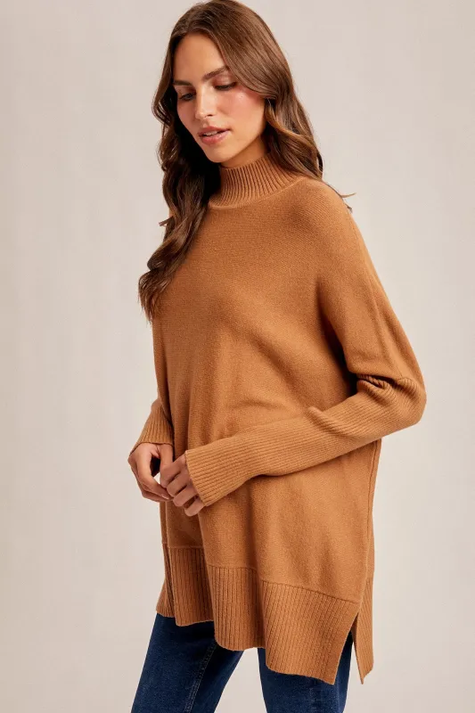Camel Mock Neck Oversized Sir Slit Sweater Top sold by Pinkblush