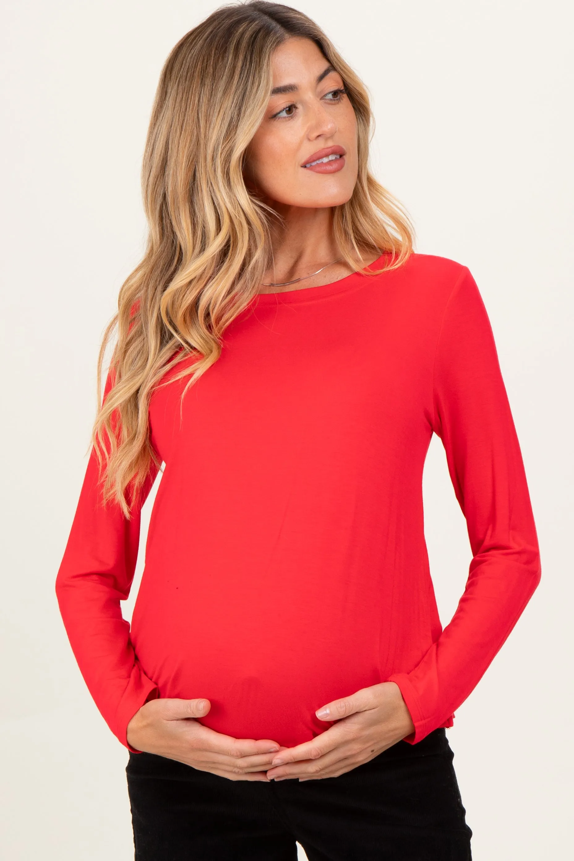 Red Flowy Round Hem Maternity Long Sleeve Top sold by Pinkblush