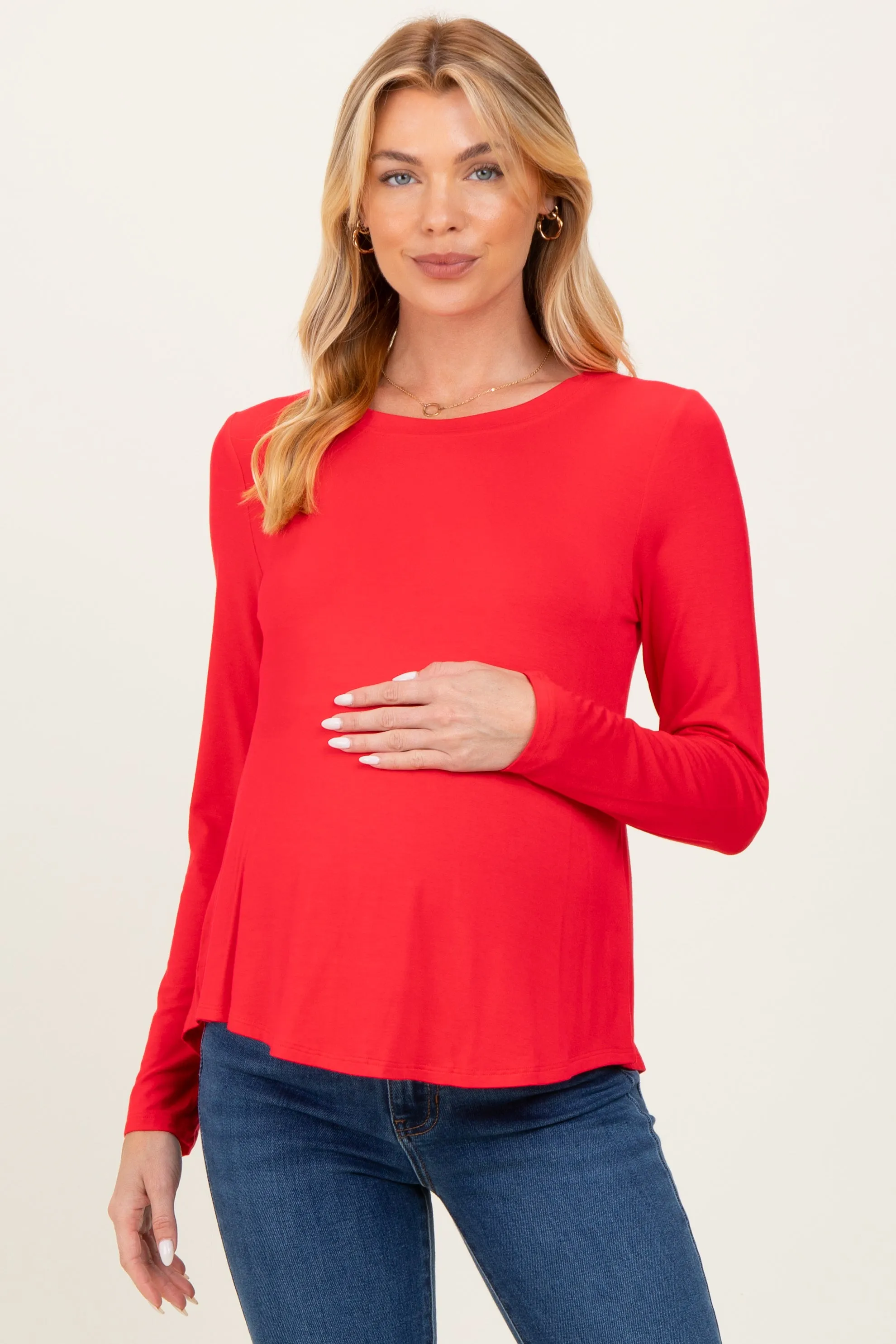 Red Flowy Round Hem Maternity Long Sleeve Top sold by Pinkblush product image thumbnail 3