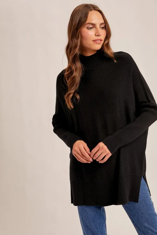 Black Mock Neck Oversized Sir Slit Sweater Top sold by Pinkblush