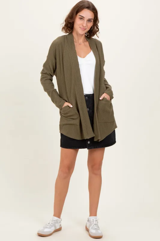Olive Solid Ribbed Long Sleeve Open Front Pocket Cardigan sold by Pinkblush