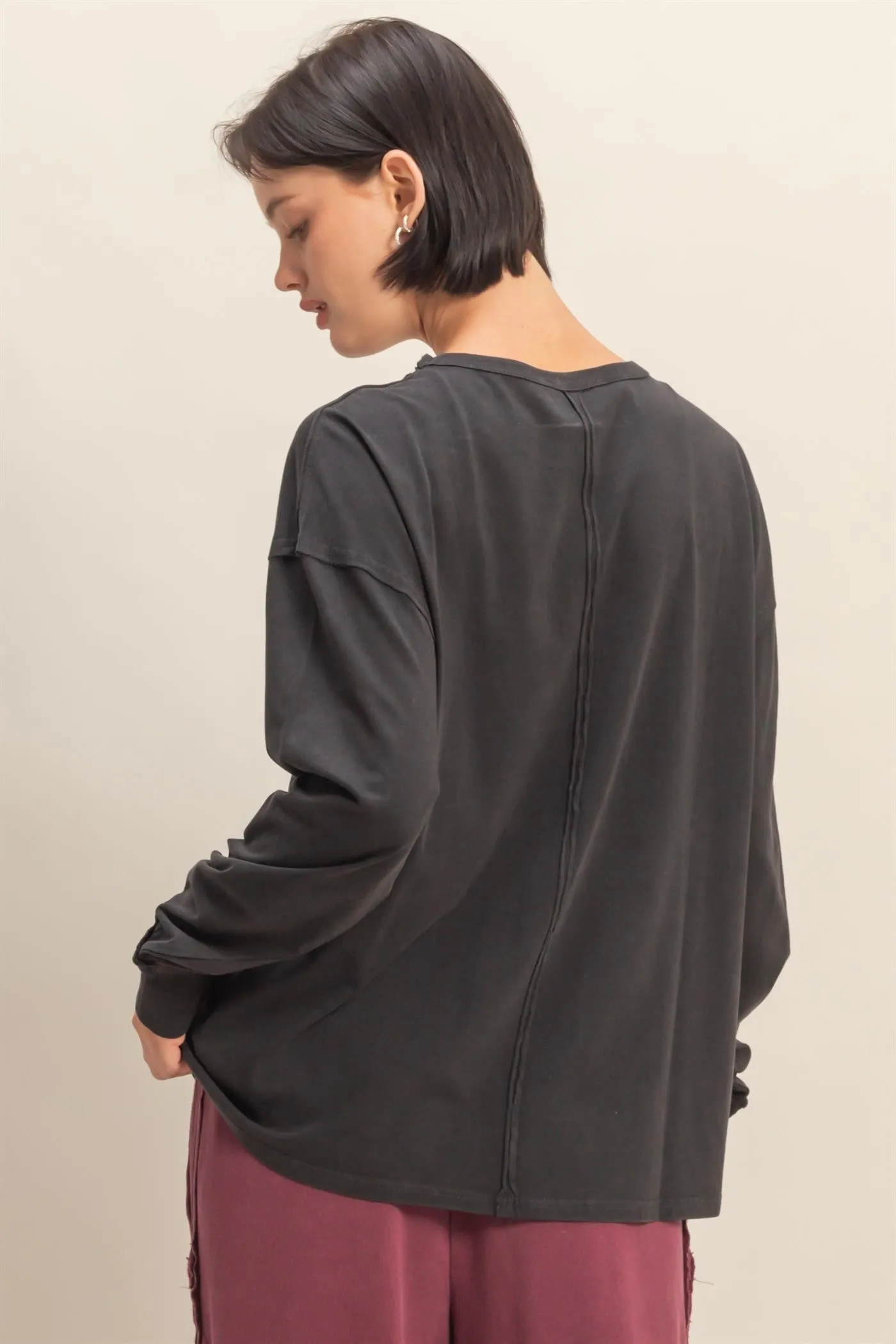 Black Oversized Washed Long Sleeve Pocket Top sold by Pinkblush product image thumbnail 3