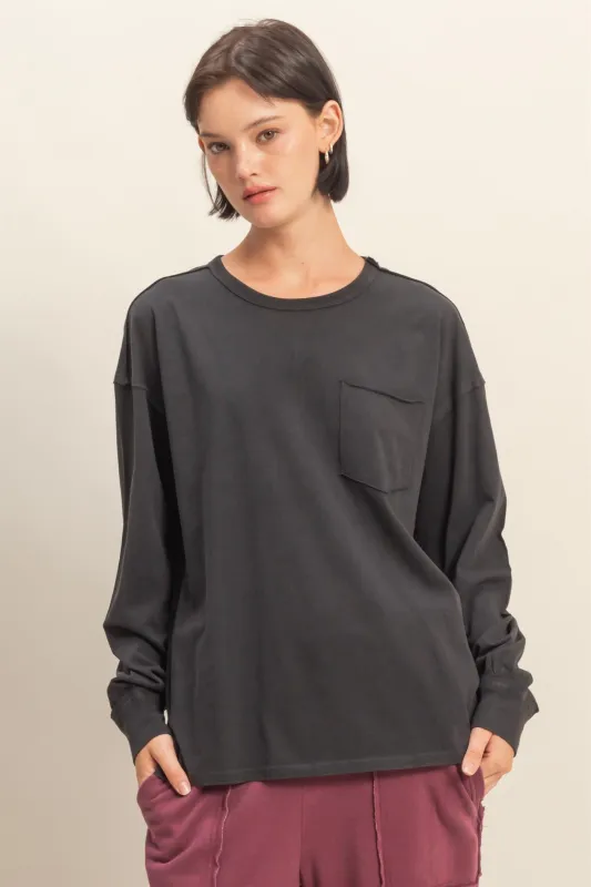Black Oversized Washed Long Sleeve Pocket Top sold by Pinkblush