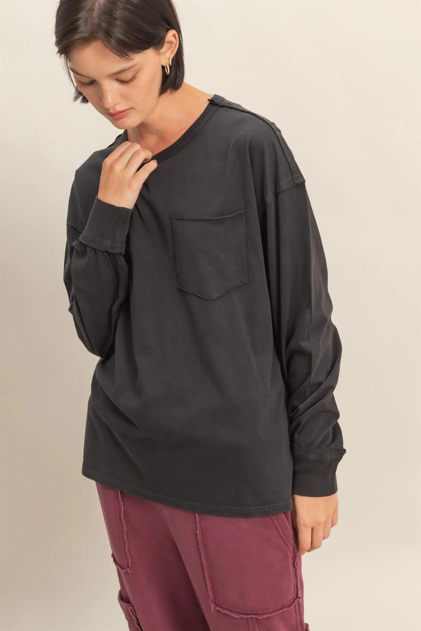 Black Oversized Washed Long Sleeve Pocket Top sold by Pinkblush product image thumbnail 2
