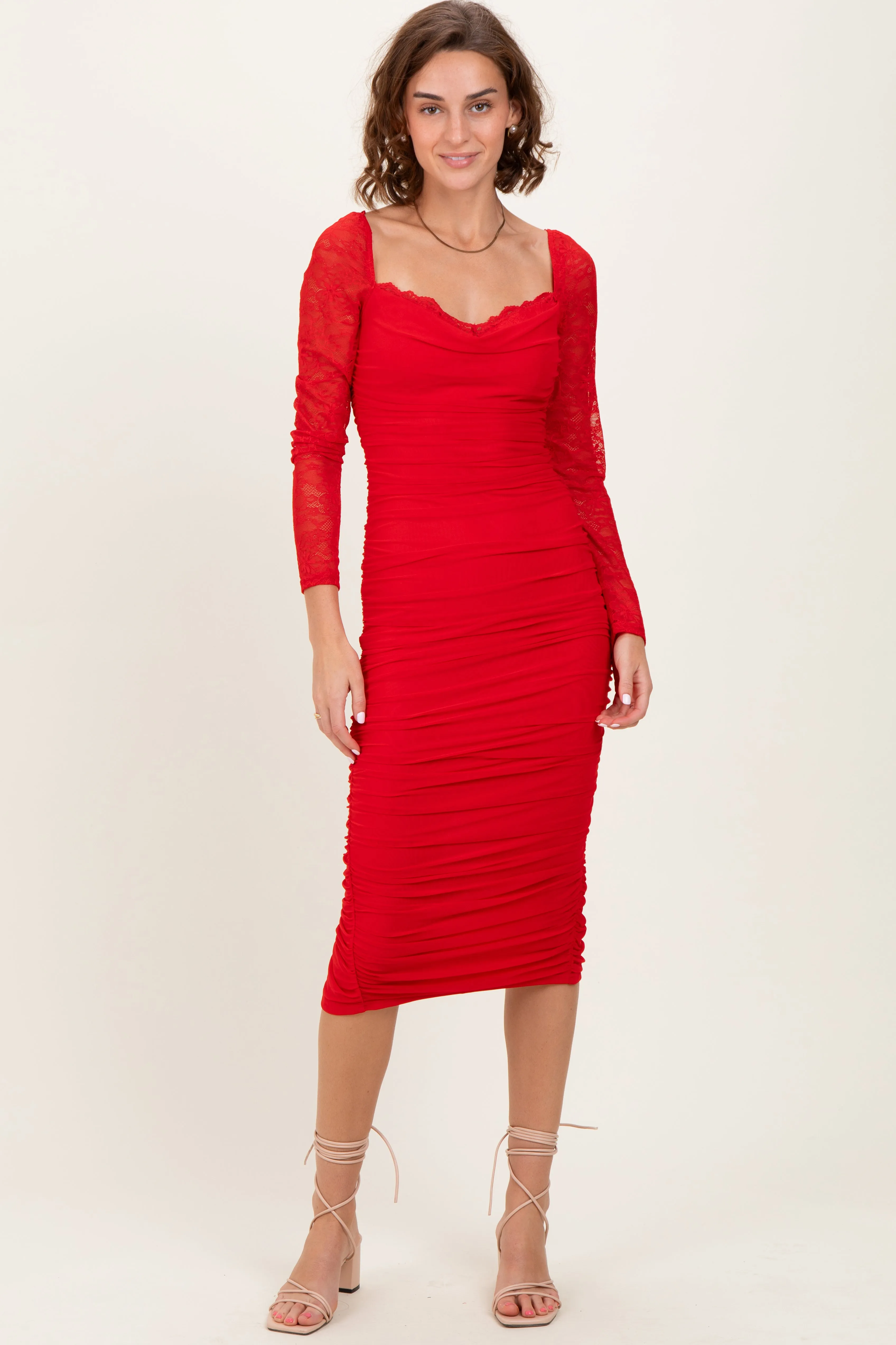 Red Ruched Lace Sleeve Midi Dress sold by Pinkblush product image thumbnail 2