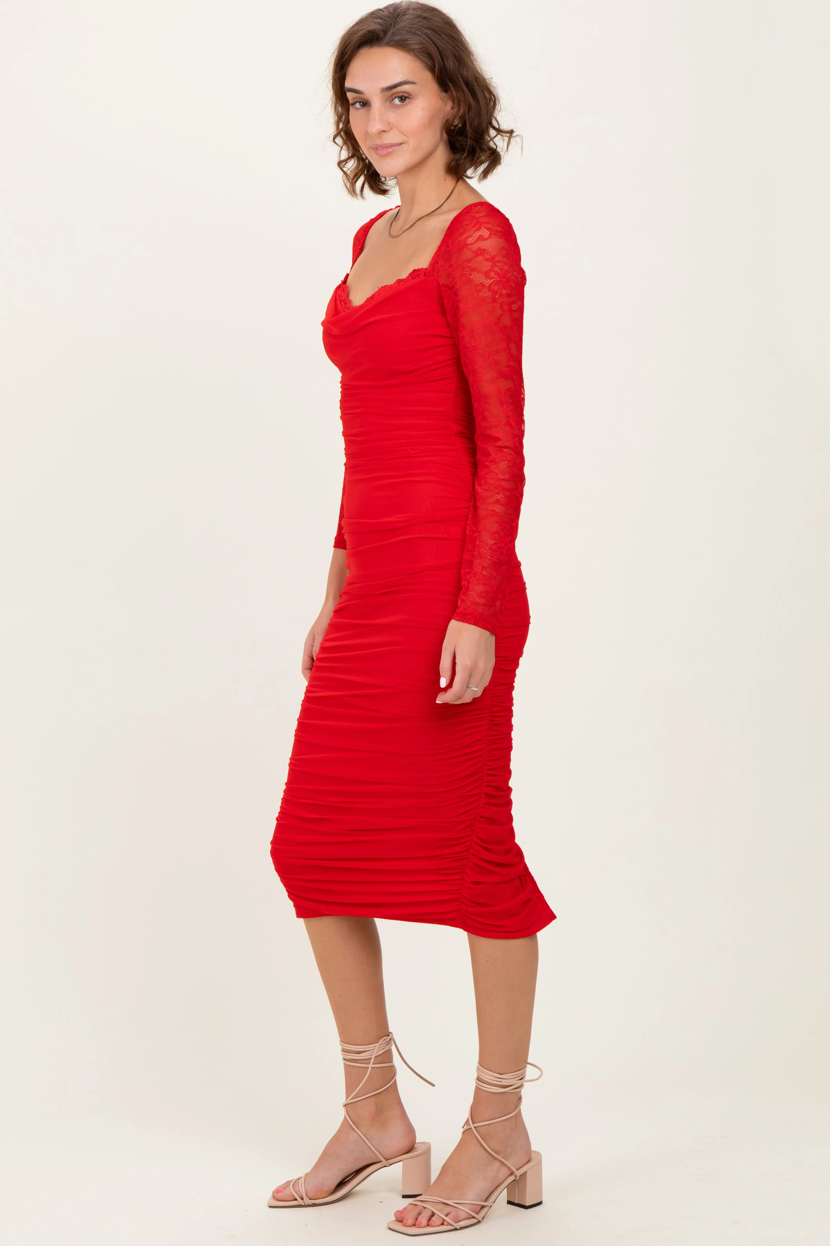 Red Ruched Lace Sleeve Midi Dress sold by Pinkblush product image thumbnail 3