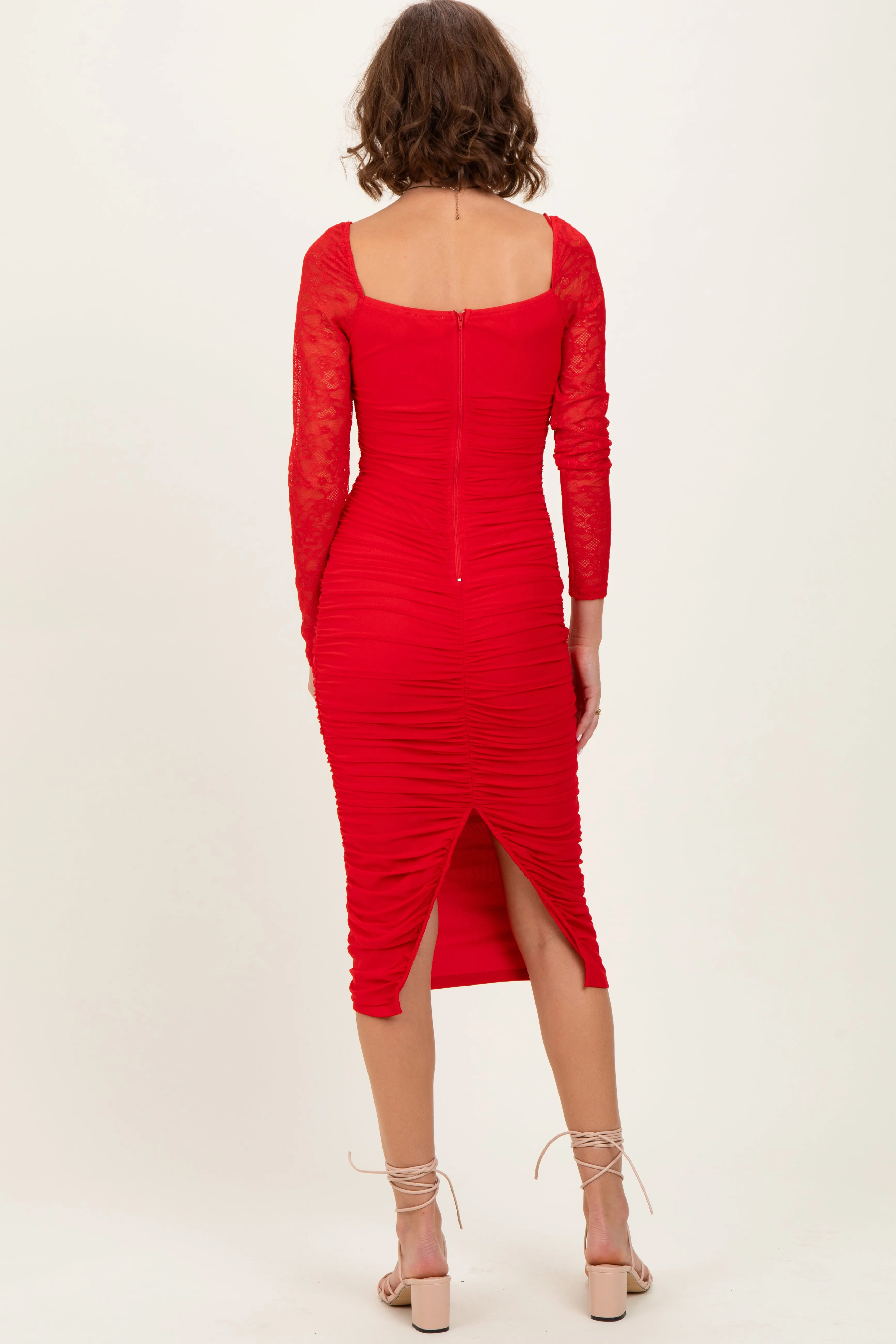 Red Ruched Lace Sleeve Midi Dress sold by Pinkblush product image thumbnail 4