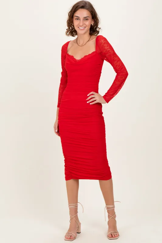 Red Ruched Lace Sleeve Midi Dress sold by Pinkblush