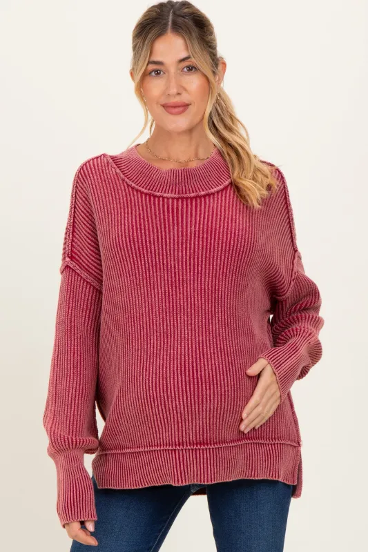 Burgundy Washed Side Slit Oversized Maternity Sweater sold by Pinkblush