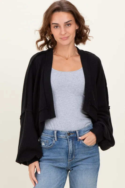 Black Solid Ribbed Long Sleeve Cropped Cardigan sold by Pinkblush