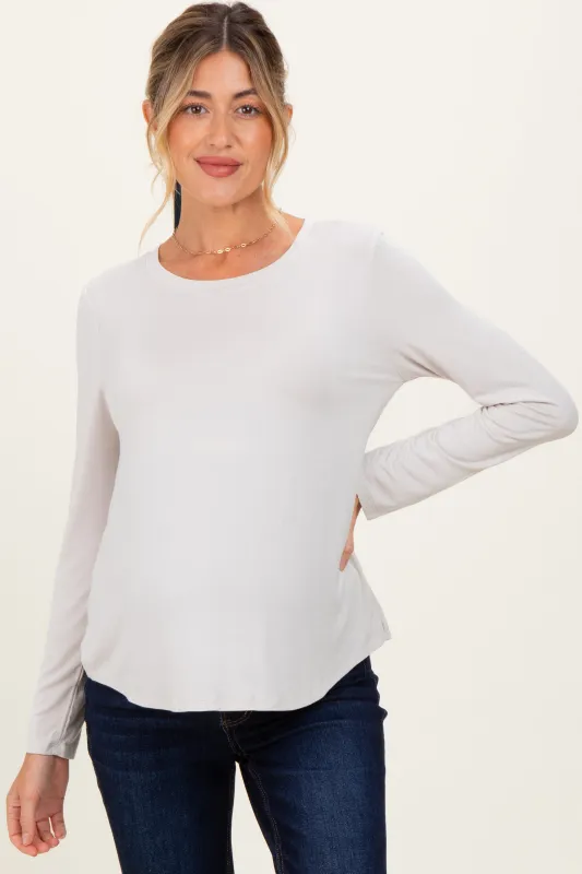 Beige Flowy Round Hem Maternity Long Sleeve Top sold by Pinkblush