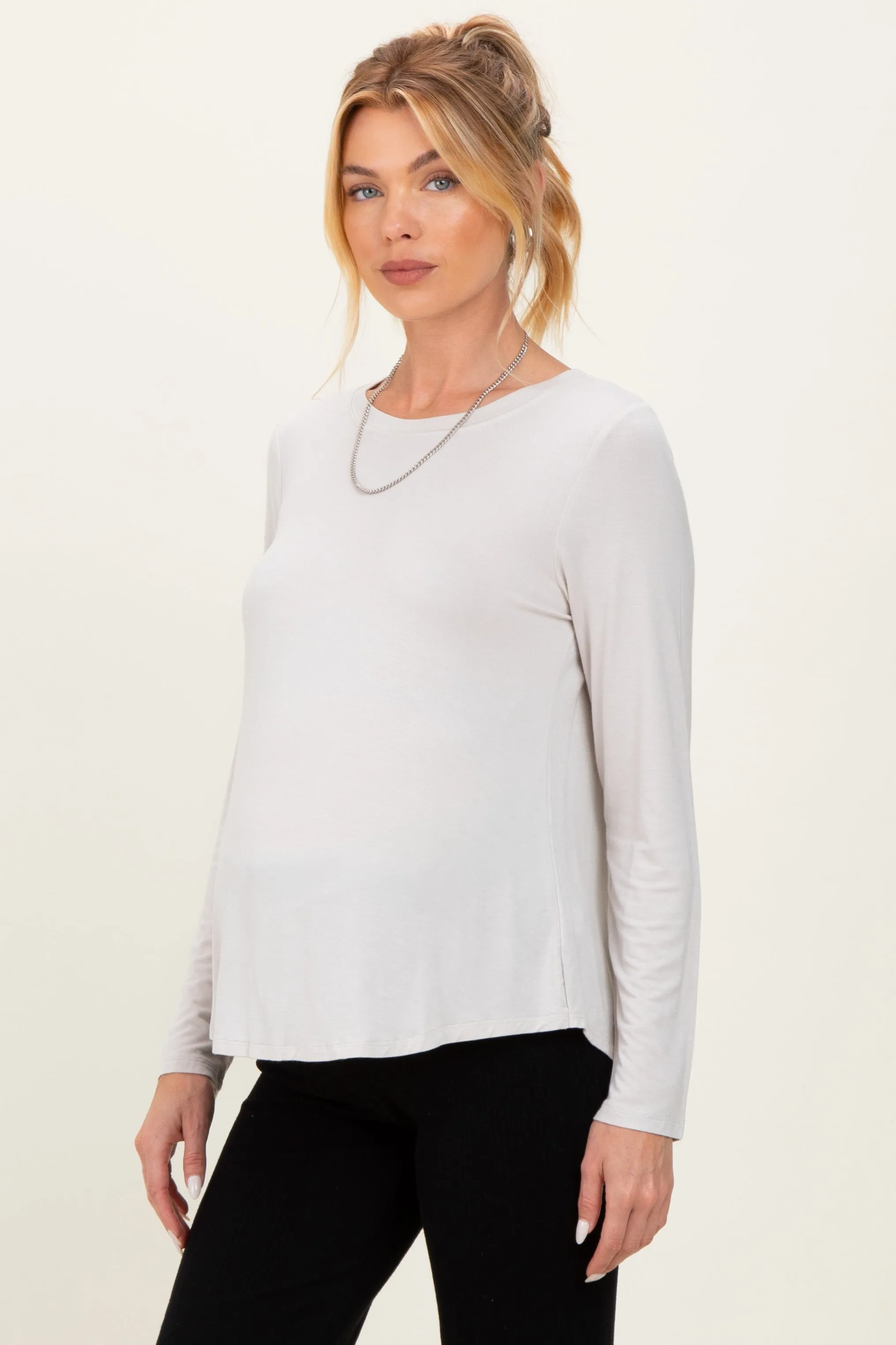 Beige Flowy Round Hem Maternity Long Sleeve Top sold by Pinkblush product image thumbnail 5