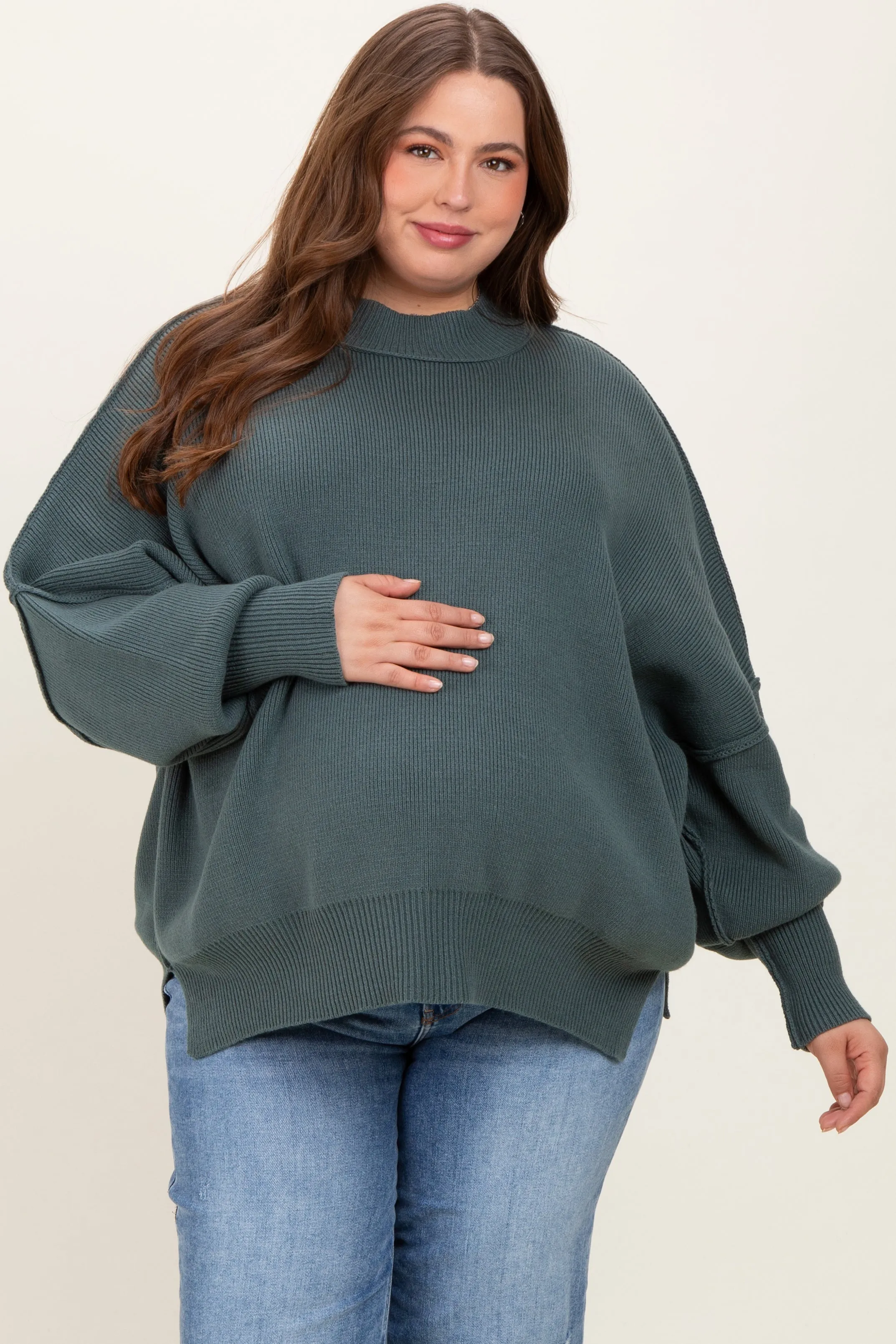 Jade Mock Neck Exposed Seam Maternity Sweater sold by Pinkblush