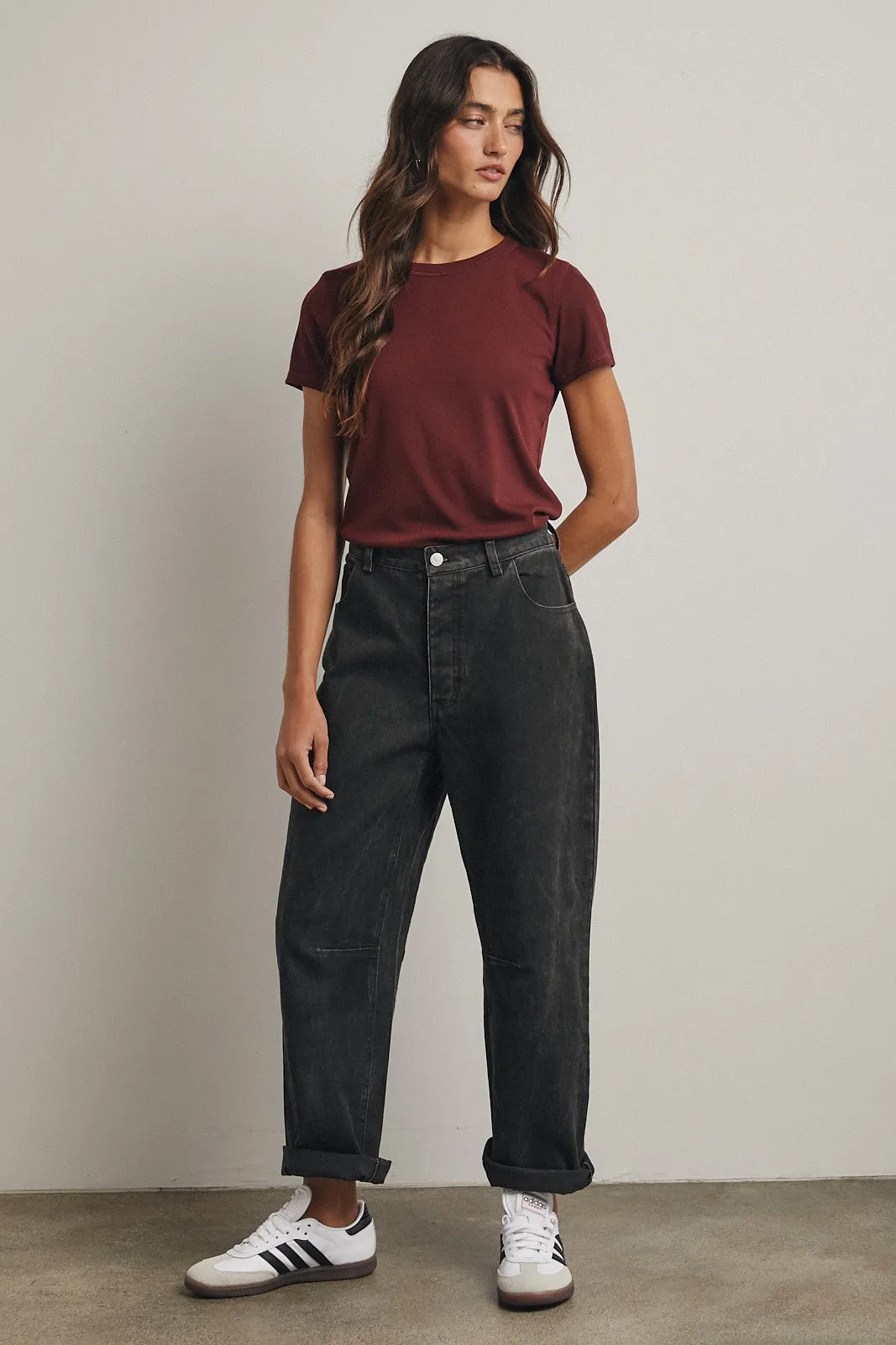Burgundy Ribbed Short Sleeve Curved Hem Top sold by Pinkblush product image thumbnail 4