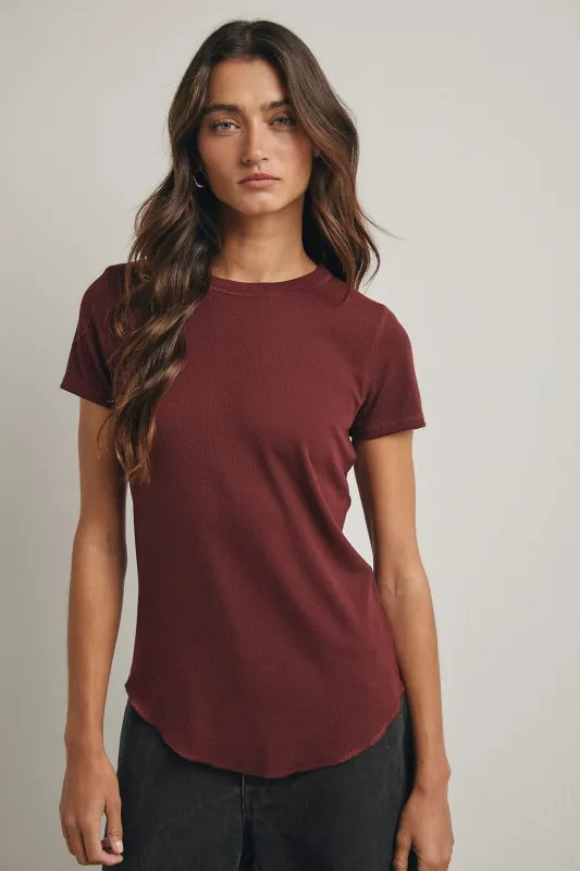 Burgundy Ribbed Short Sleeve Curved Hem Top sold by Pinkblush