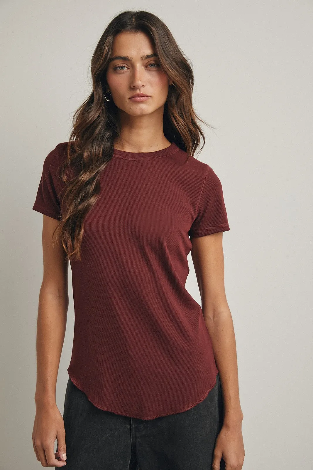 Burgundy Ribbed Short Sleeve Curved Hem Top sold by Pinkblush