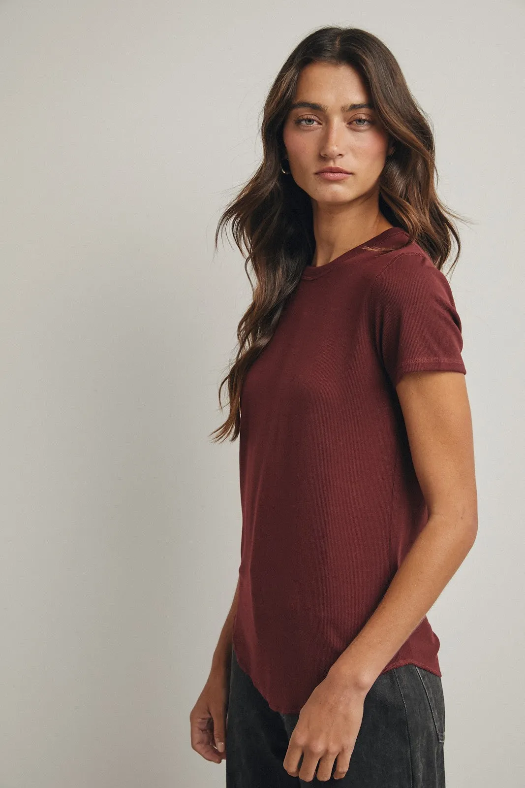 Burgundy Ribbed Short Sleeve Curved Hem Top sold by Pinkblush product image thumbnail 2