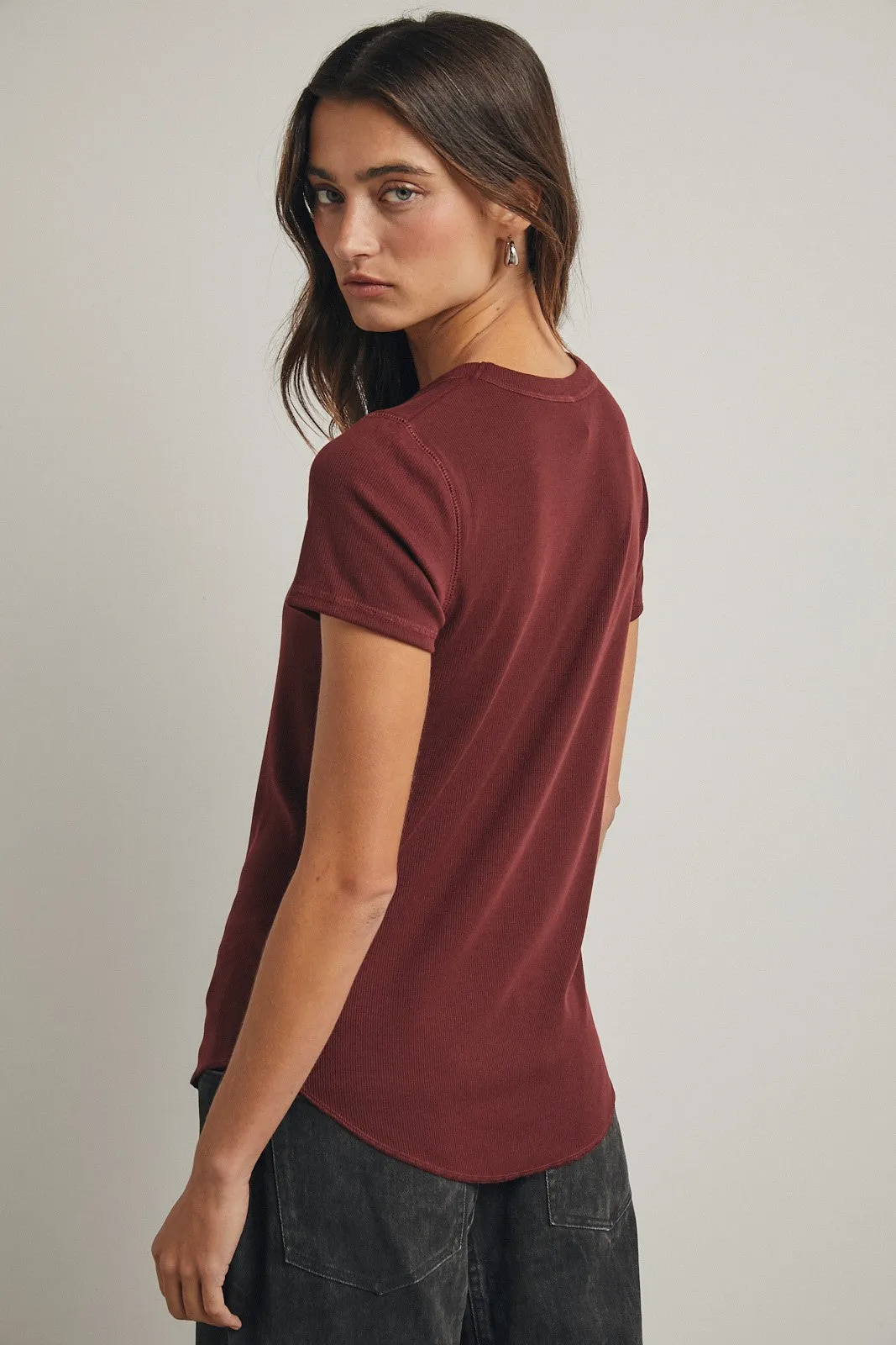 Burgundy Ribbed Short Sleeve Curved Hem Top sold by Pinkblush product image thumbnail 3