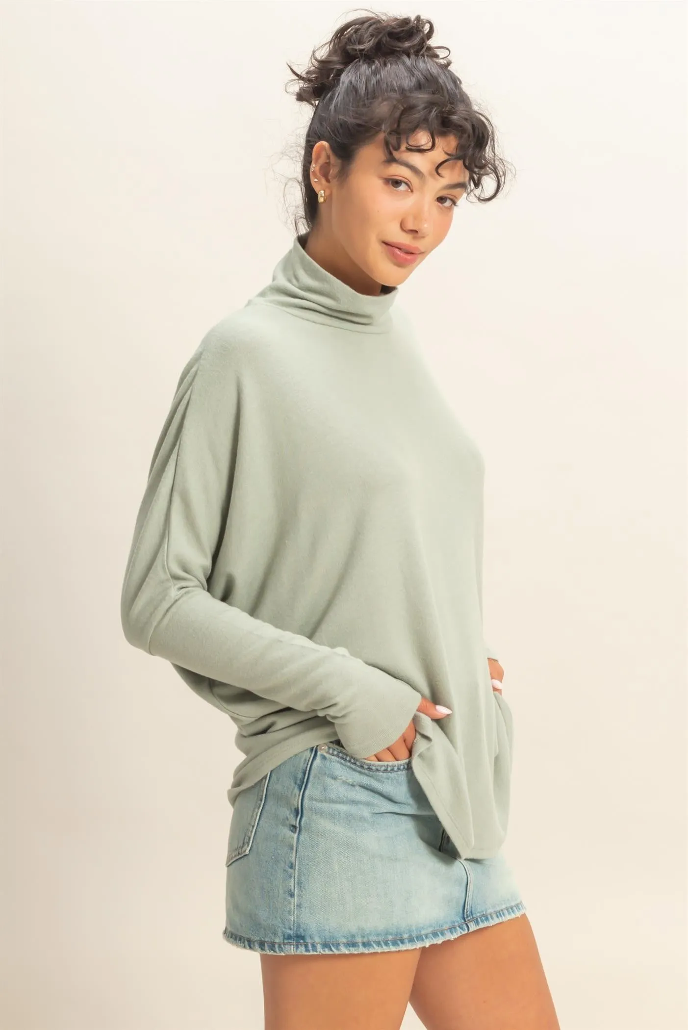 Sage Draped Oversized Turtleneck Dolman Sleeve Top sold by Pinkblush product image thumbnail 2