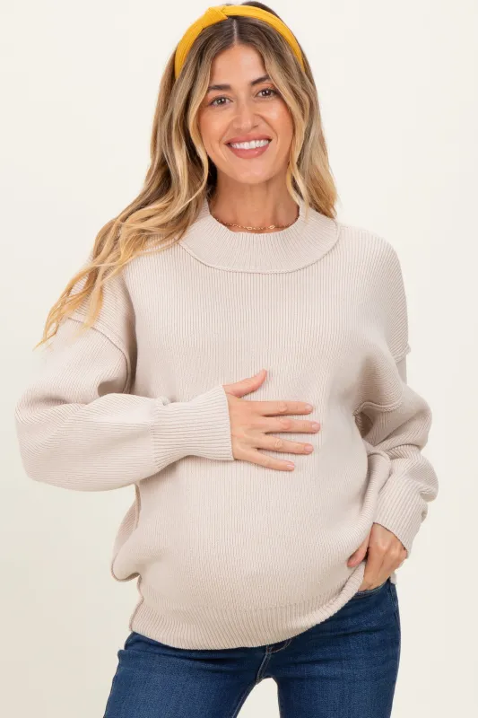 Beige Wide Neck Drop Shoulder Maternity Sweater sold by Pinkblush