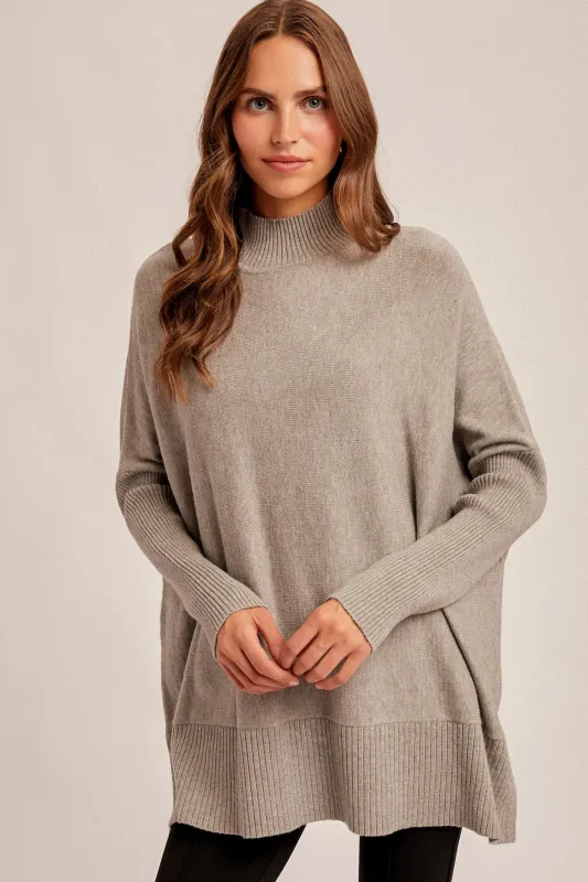 Grey Mock Neck Oversized Sir Slit Sweater Top sold by Pinkblush