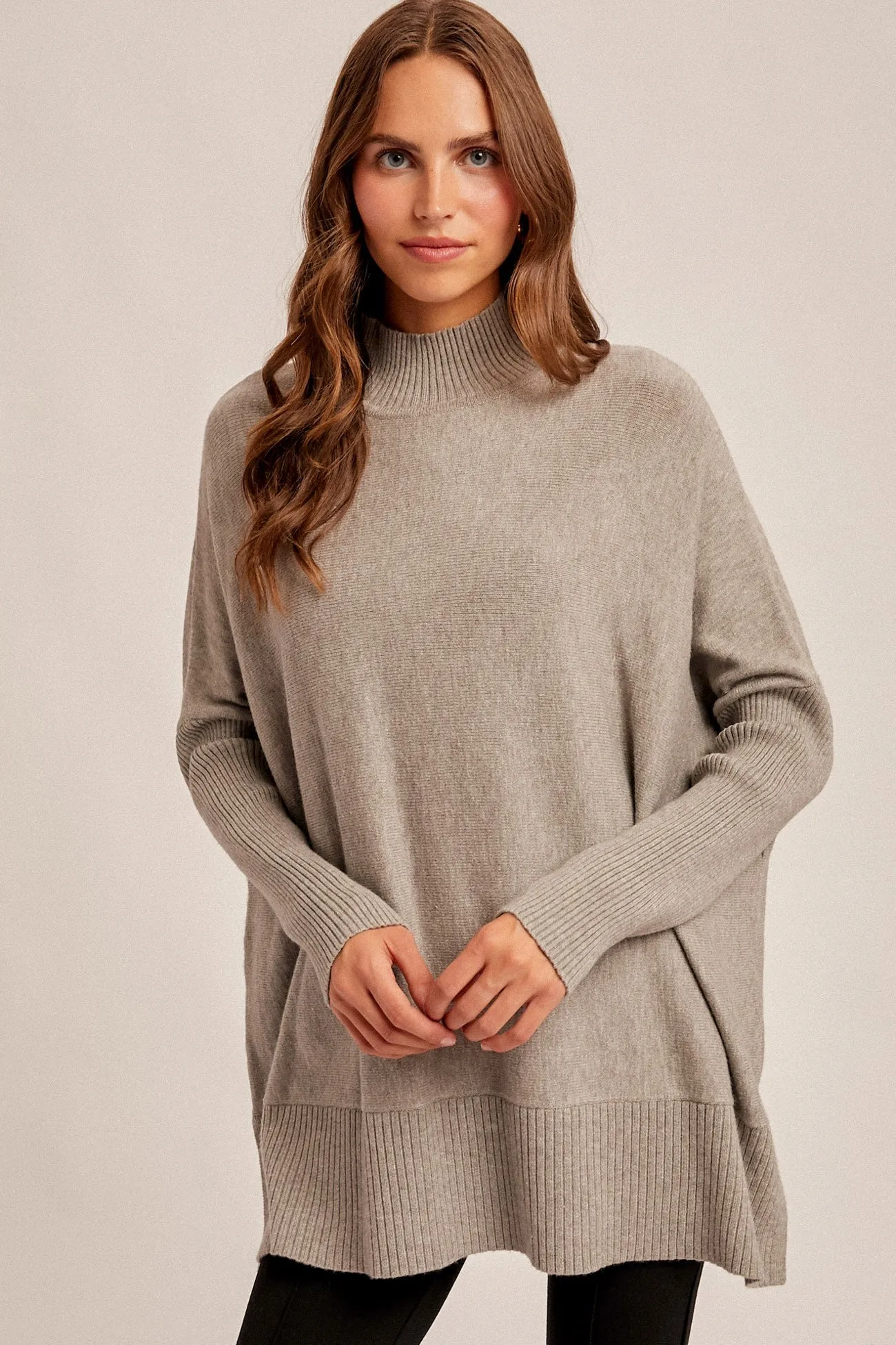 Grey Mock Neck Oversized Sir Slit Sweater Top sold by Pinkblush