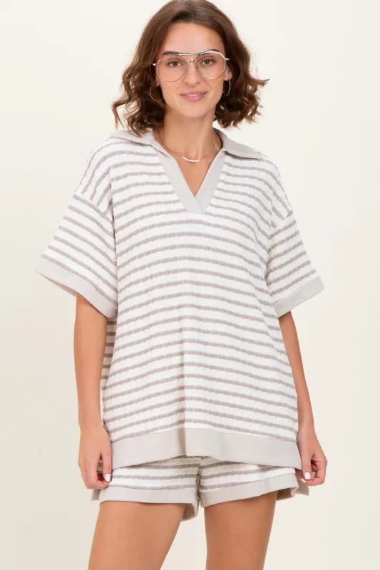 Cream/Beige Stripe Short Sleeve Short Set sold by Pinkblush