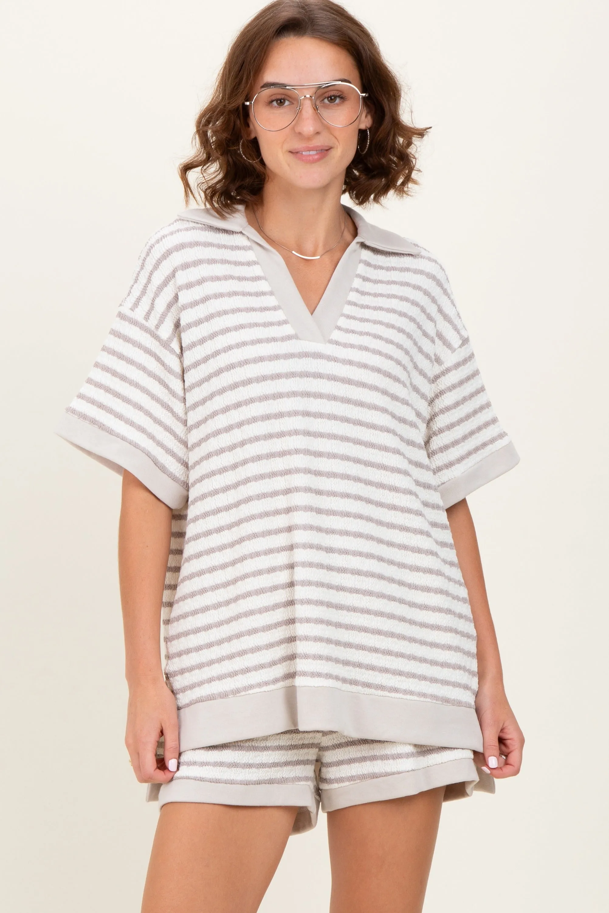 Cream/Beige Stripe Short Sleeve Short Set sold by Pinkblush