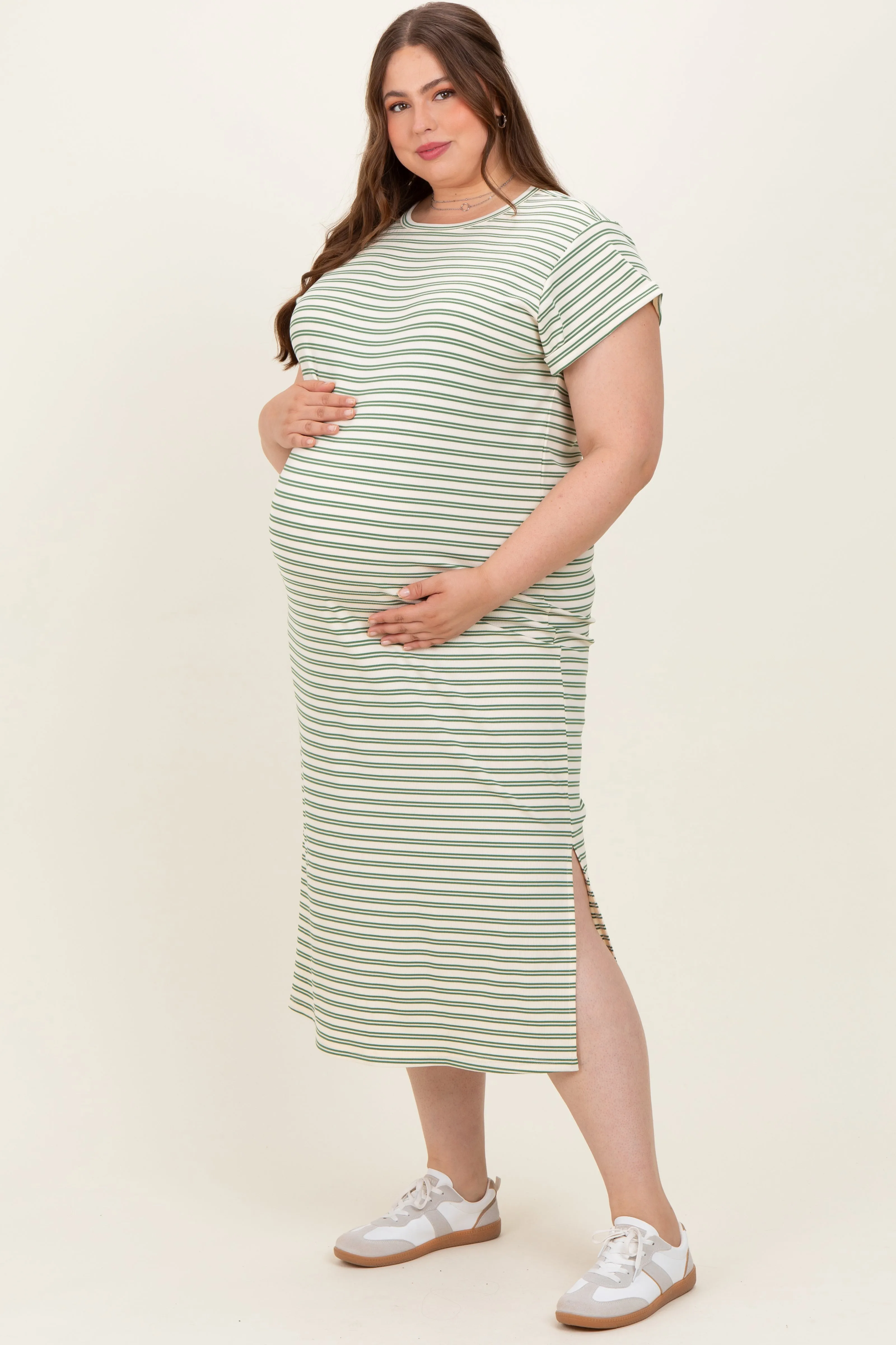 Olive Striped Maternity Plus Midi T-Shirt Dress sold by Pinkblush product image thumbnail 3