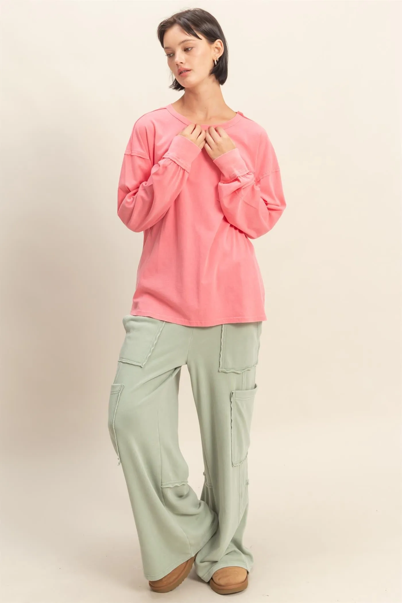 Pink Oversized Washed Long Sleeve Pocket Top sold by Pinkblush product image thumbnail 4