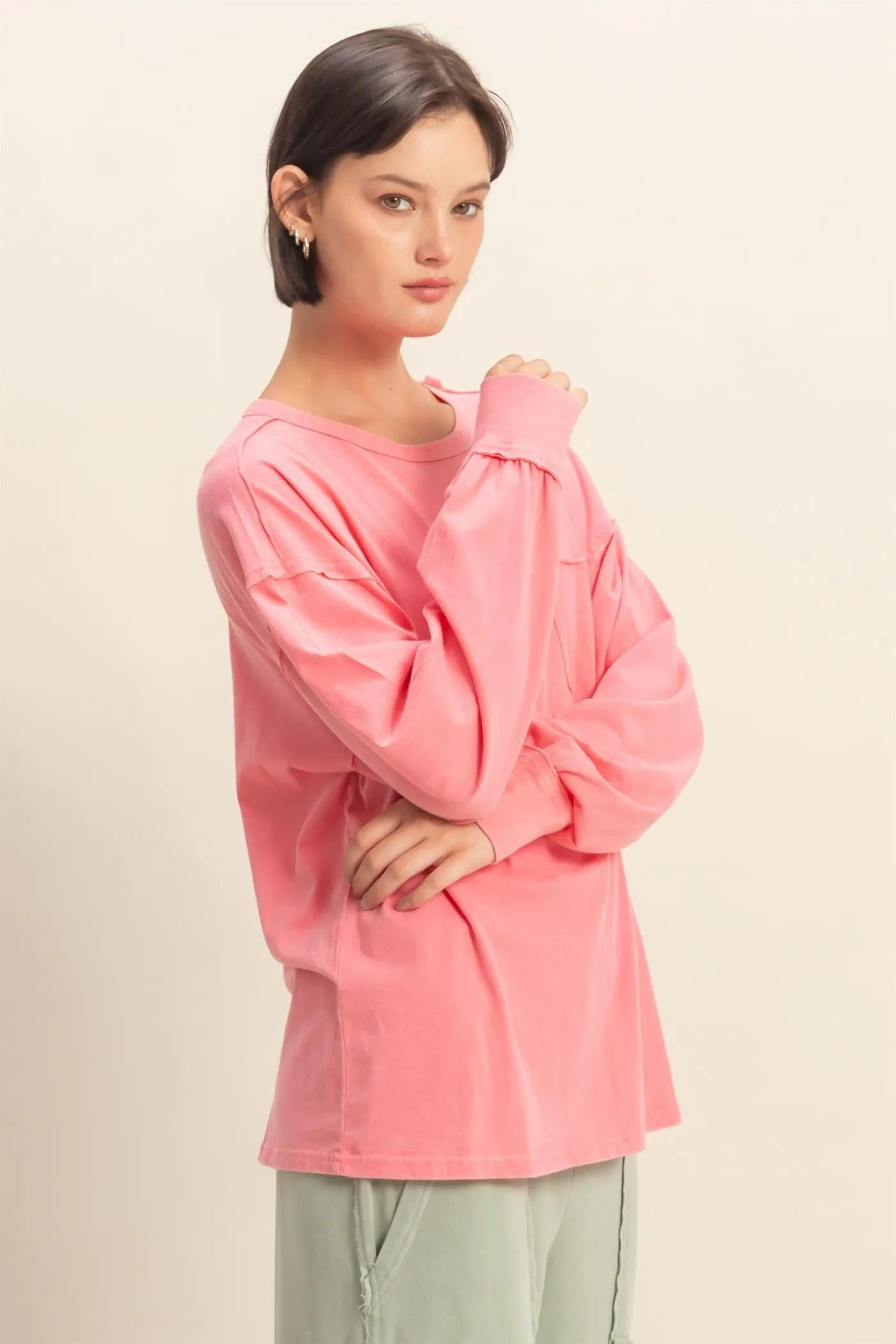 Pink Oversized Washed Long Sleeve Pocket Top sold by Pinkblush product image thumbnail 2