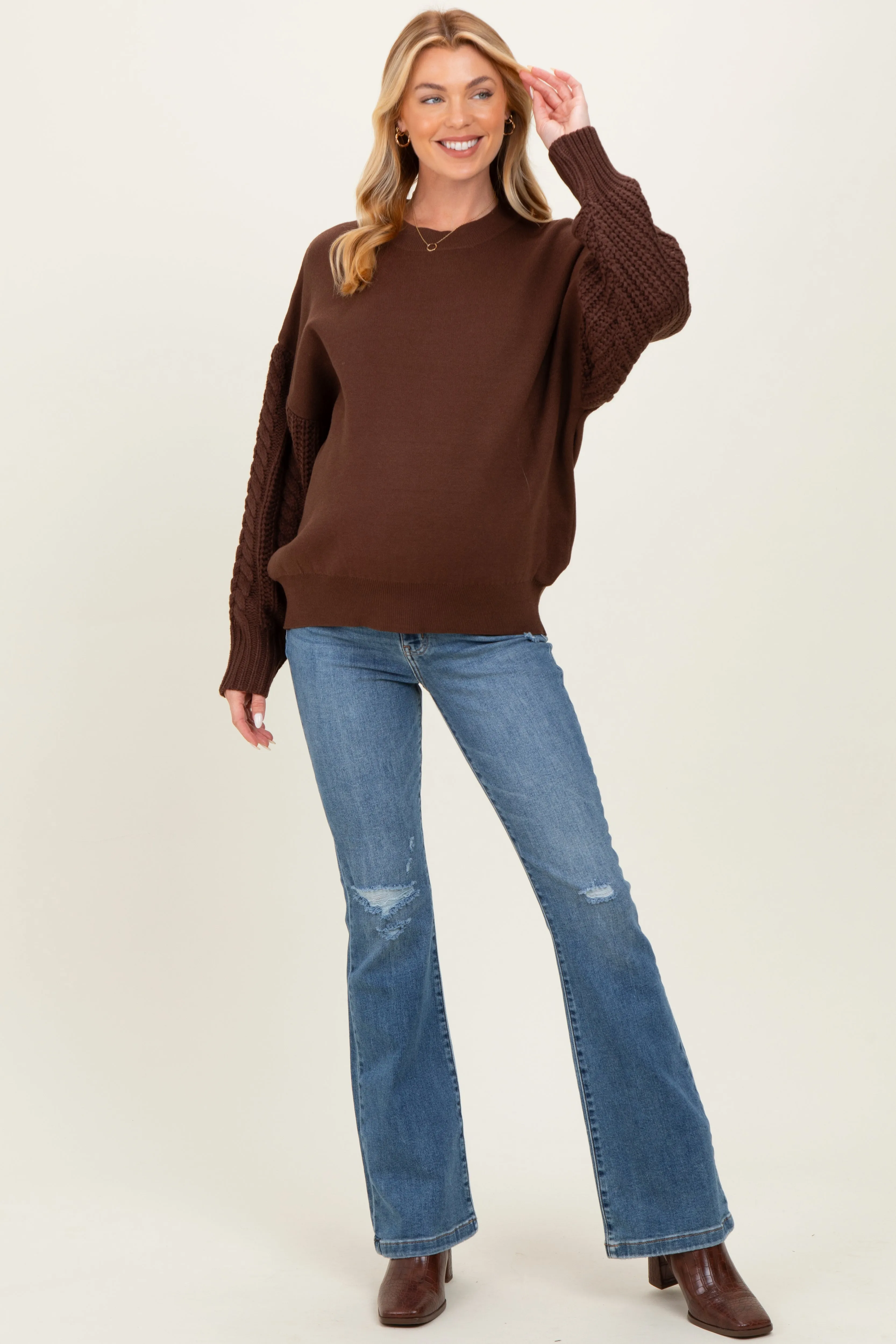 Brown Cable Knit Sleeve Round Neck Sweater sold by Pinkblush product image thumbnail 5