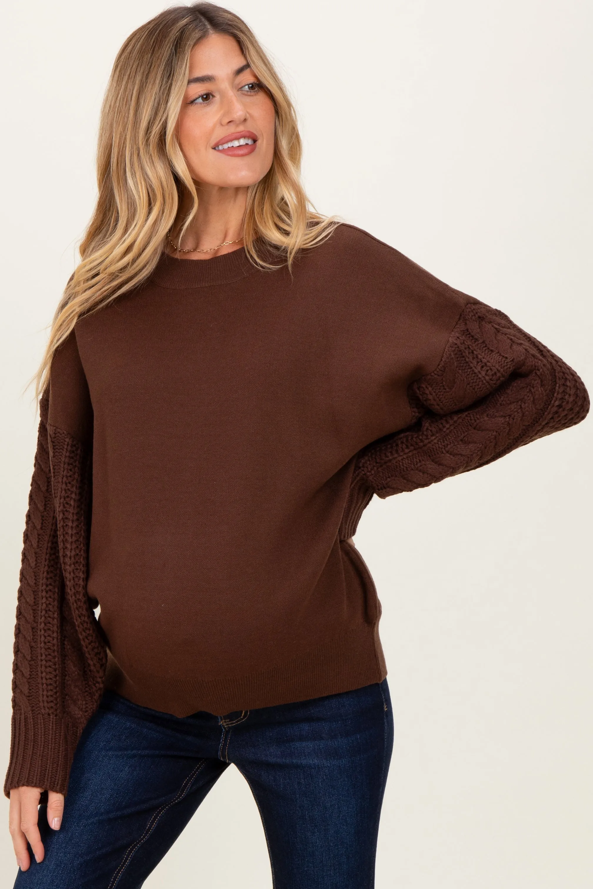 Brown Cable Knit Sleeve Round Neck Sweater sold by Pinkblush product image thumbnail 2