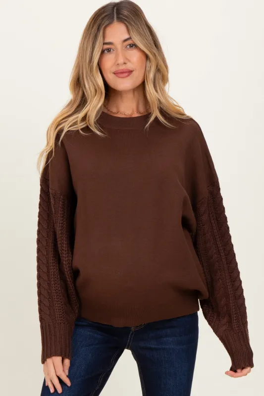 Brown Cable Knit Sleeve Round Neck Sweater sold by Pinkblush