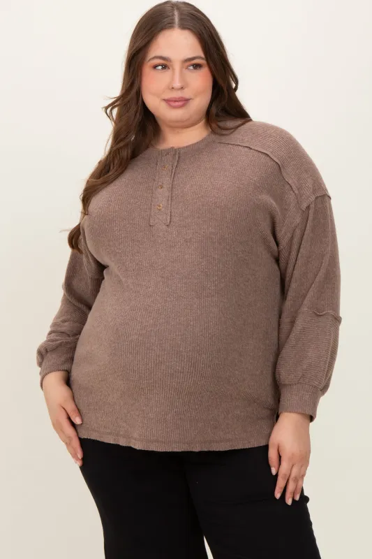 Mocha Oversized Ribbed Knit Henley Maternity Plus Sweater sold by Pinkblush