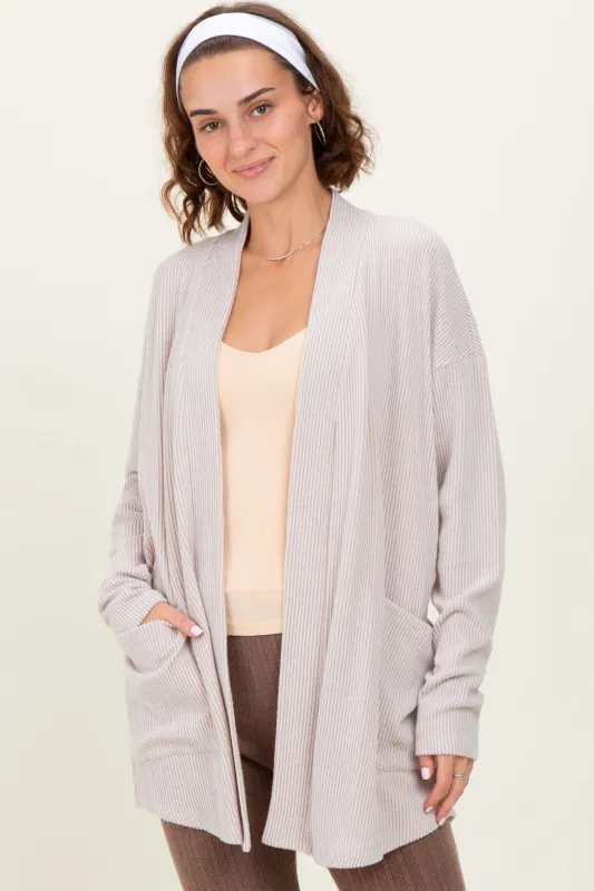 Beige Solid Ribbed Long Sleeve Open Front Pocket Cardigan sold by Pinkblush