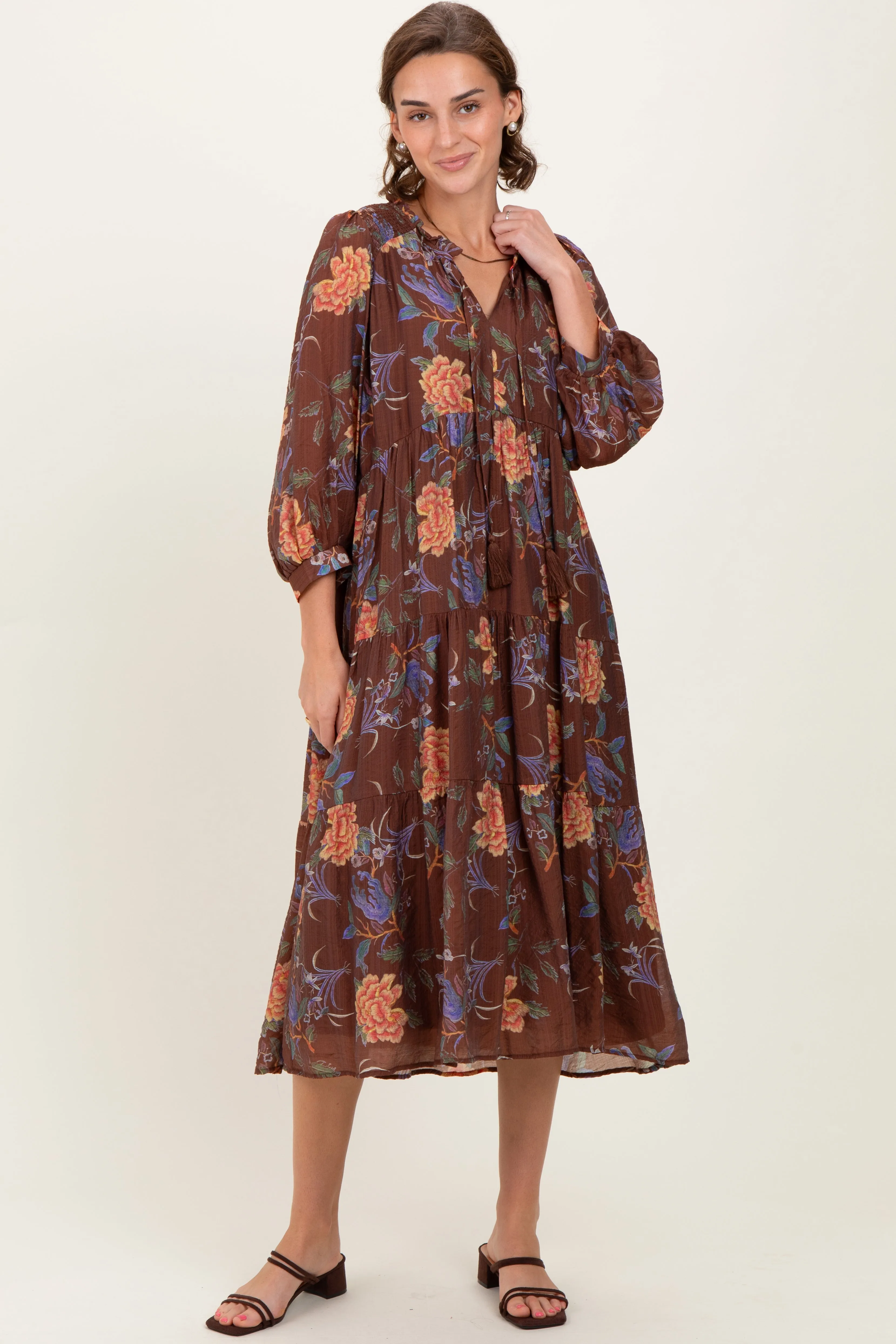 Brown Floral Front Tie Tiered Midi Dress sold by Pinkblush product image thumbnail 2