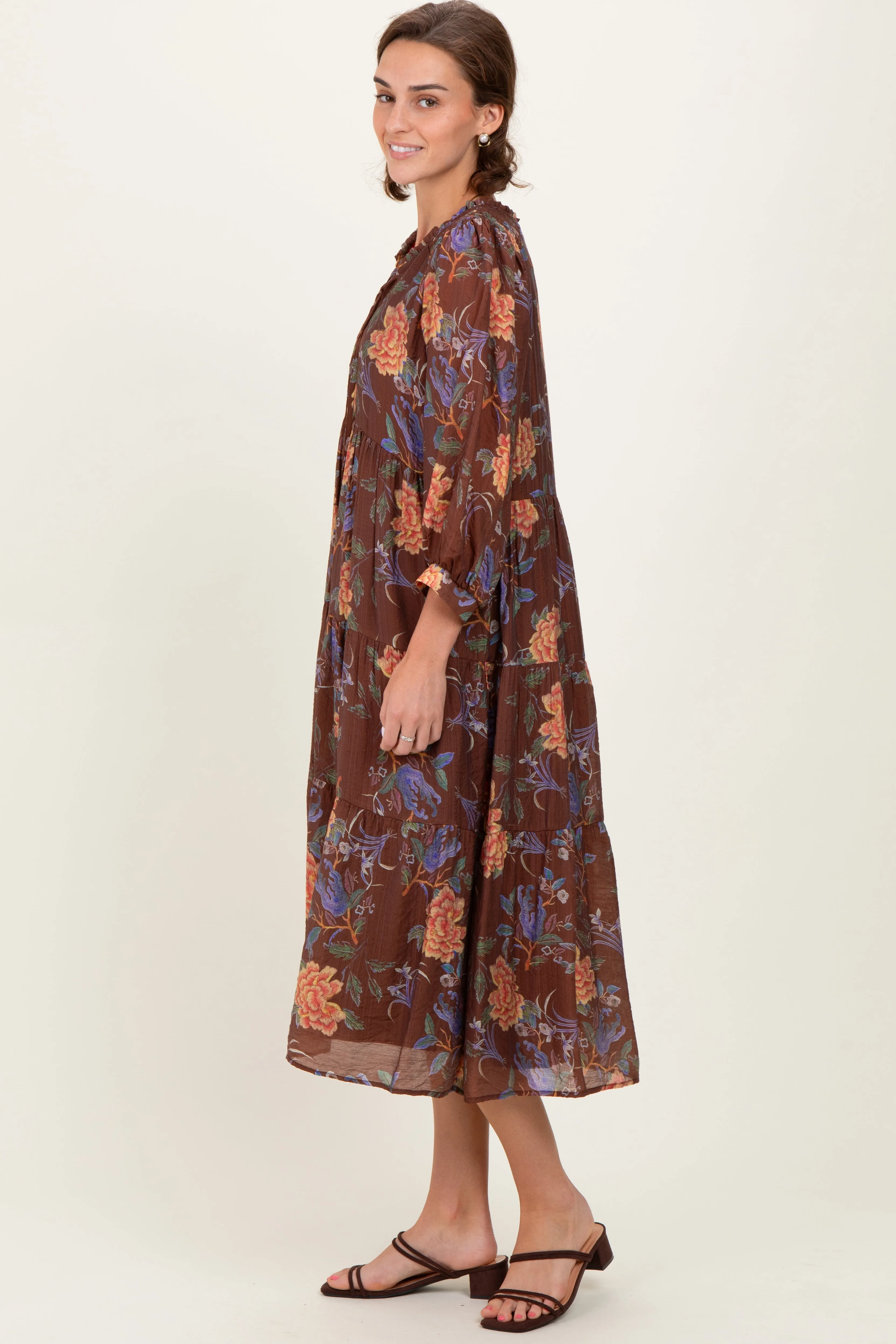 Brown Floral Front Tie Tiered Midi Dress sold by Pinkblush product image thumbnail 3