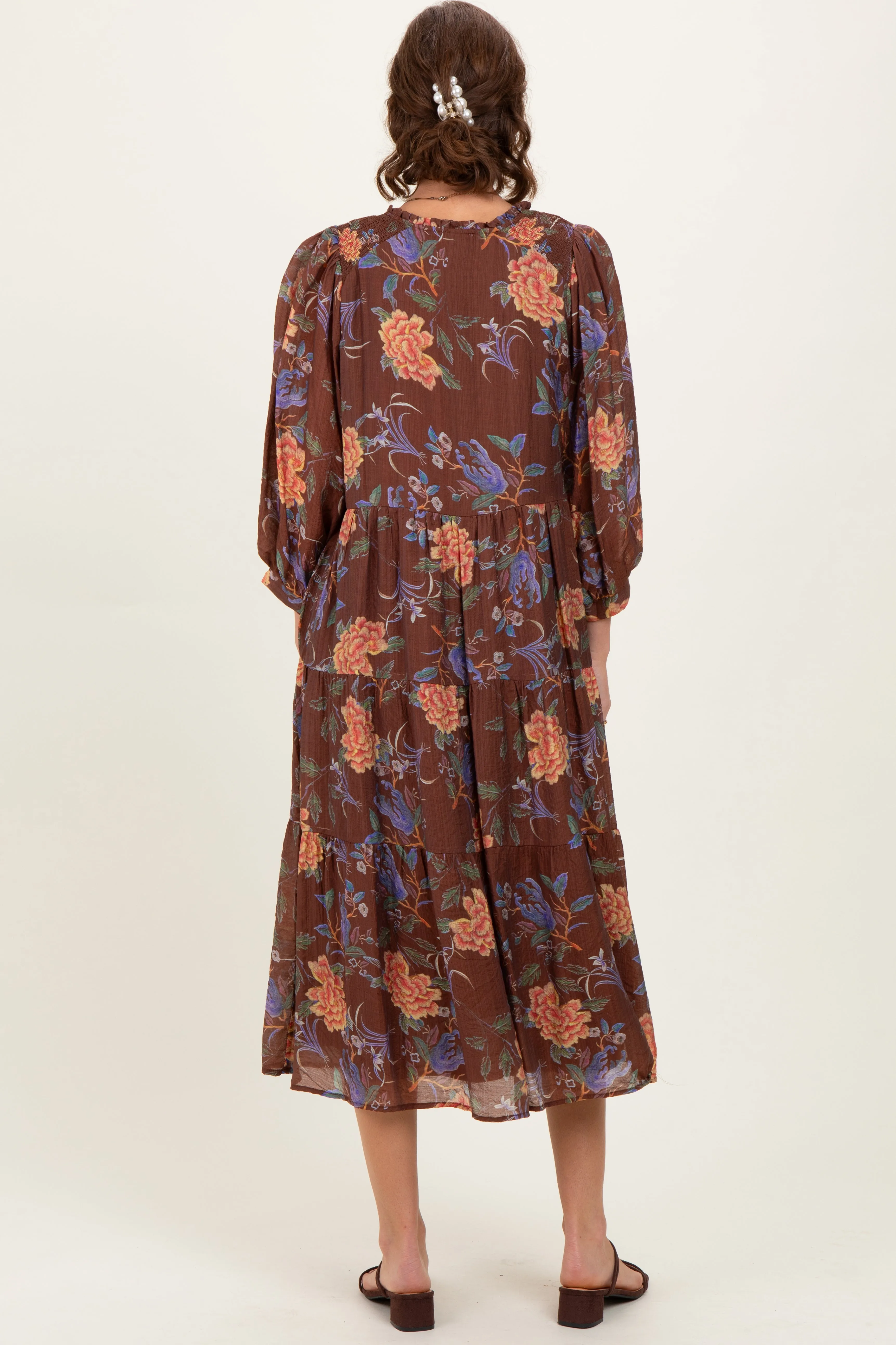 Brown Floral Front Tie Tiered Midi Dress sold by Pinkblush product image thumbnail 4
